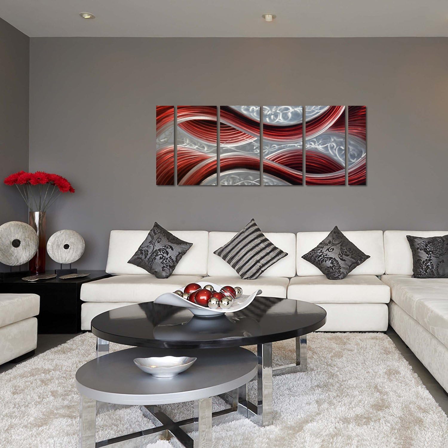 Handmade Abstract Metal Wall Art with Soft Color, Large Scale Decor in Dark Red Line Design Metal Art, 3D Artwork for Indoor Outdoor Wall Decorations, Decorative hanging in 6-Panels Measures 24"x 65" MyArton MWA-1114