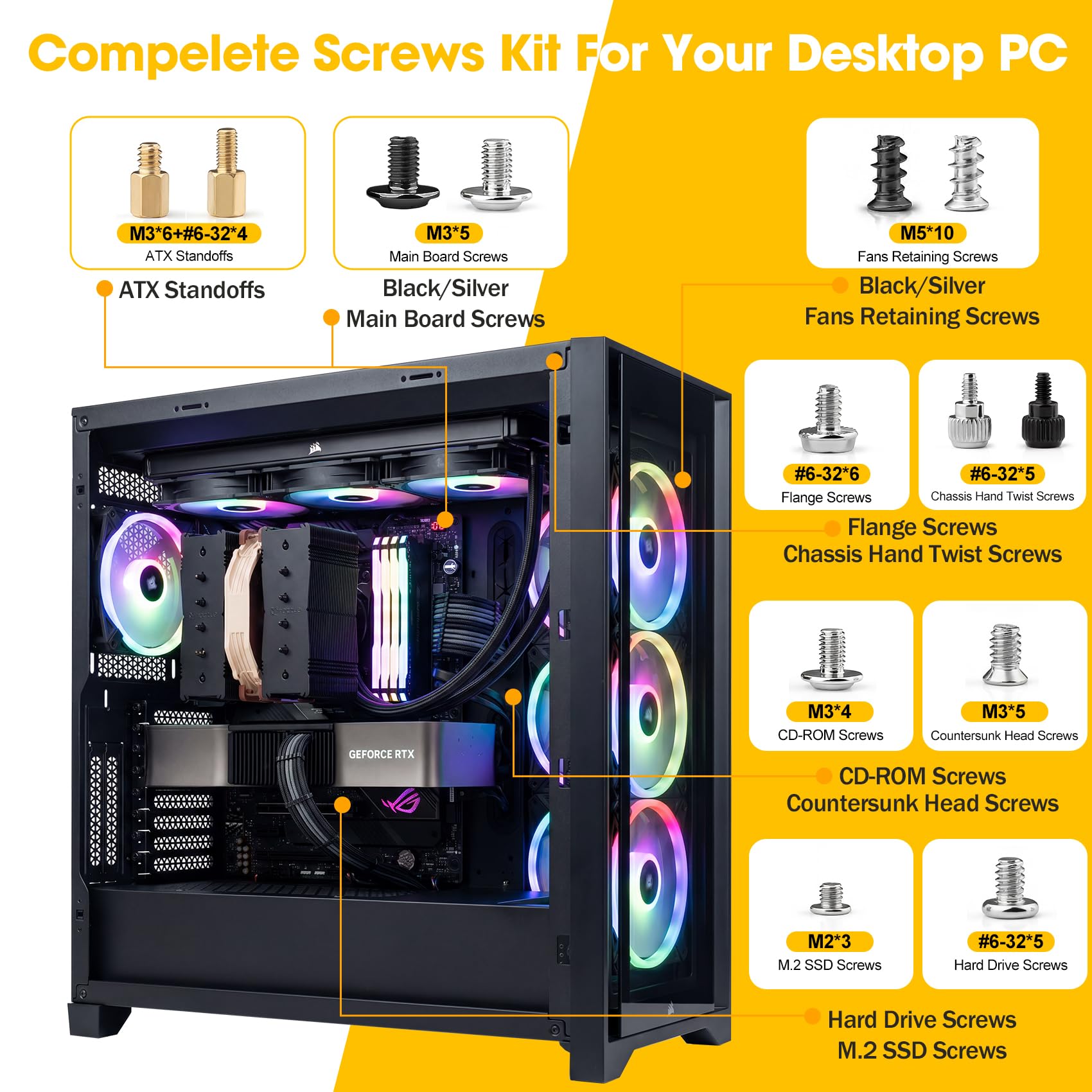 168PCS Computer Screws Kit Motherboard Screws Standoffs for Universal HDD, Chassis, Fan, PC Case, Graphics, M.2 SSD Screws for DIY and Repair, PC Screws with Magnetic Phillips and Slotted Scredriver - 3