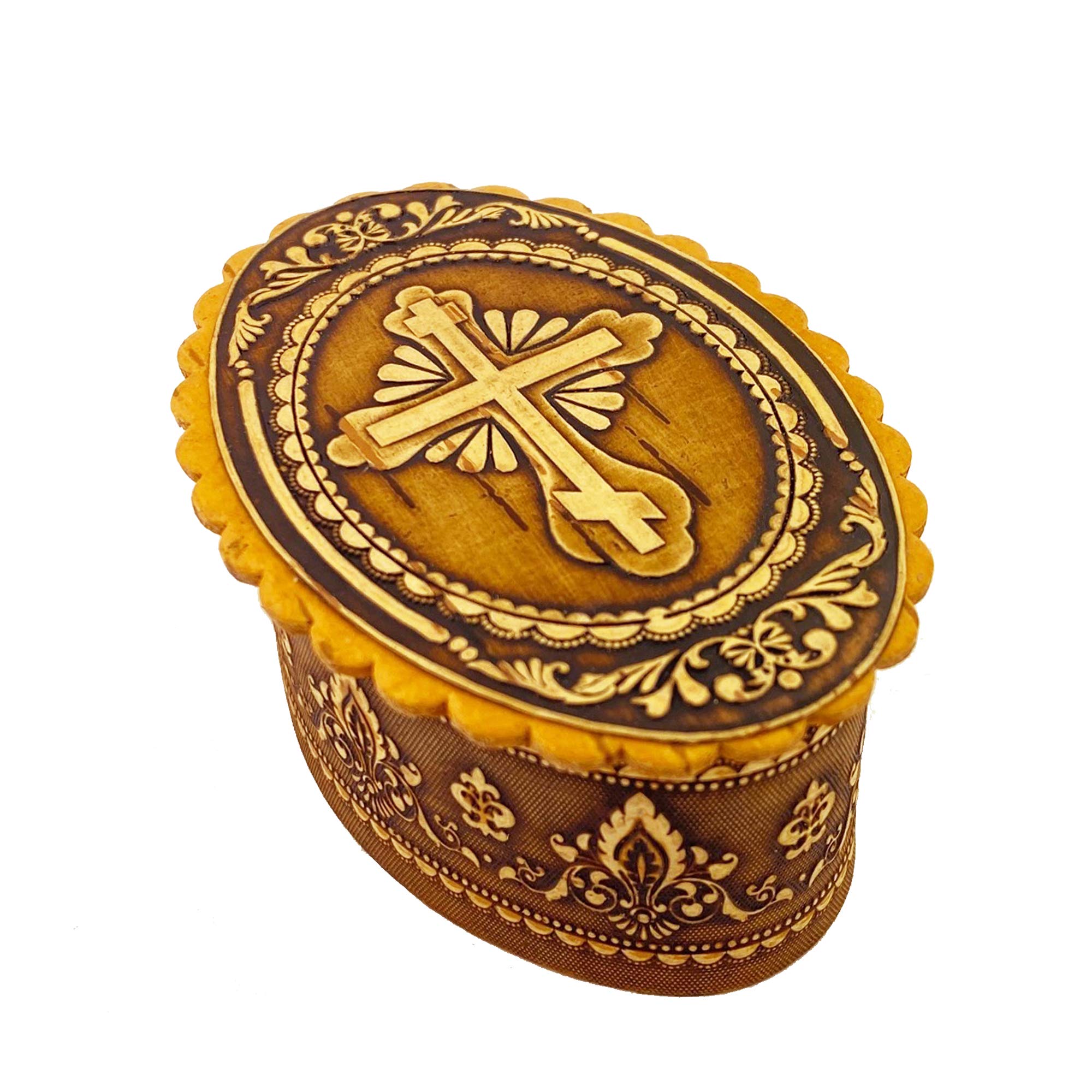 Wooden Birch Rosary Prayer Beads Keepsake Box With Three Bar Cross 2 3/4 Inch, Religious Gift