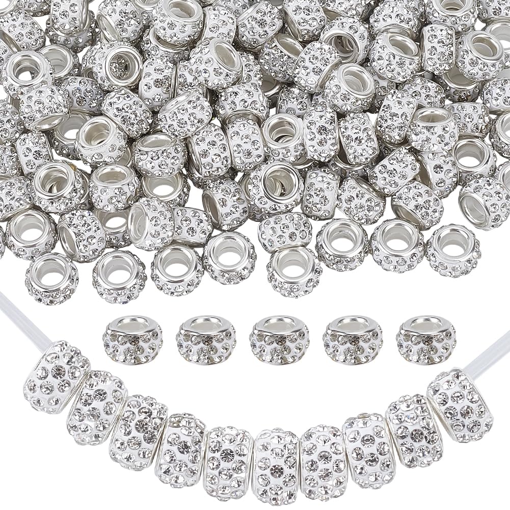 PONABEADIY 12MM 140PCS Large Hole Silver Rhinestone Beads Big Holes Sparkly European Spacer Rondelle Charms Loose Bead Bulk for Jewellery Making Bracelets Beadable Pens Hair Braids DIY Crafts Supply