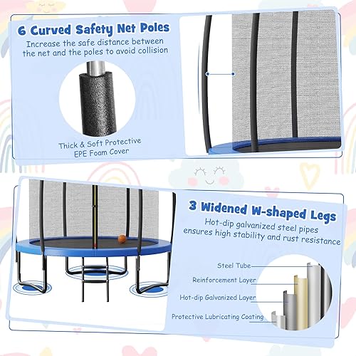 Miniatura 4 de Goplus Trampolín de 8 pies y 10 pies y 12 pies, cama elástica para exteriores con aro de baloncesto, red de seguridad para recinto de baloncesto,