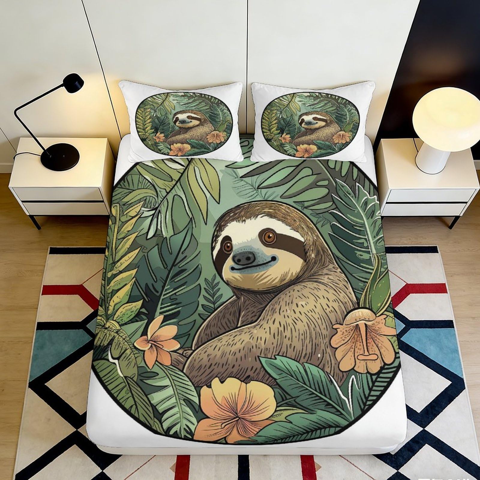 3D Printed Sloth Pattern Fitted Sheet Microfiber Soft Durable Jungle Leaves Bed Cover for Bedroom Dormitory Guest Room Mattress Protection 160x200x25cm