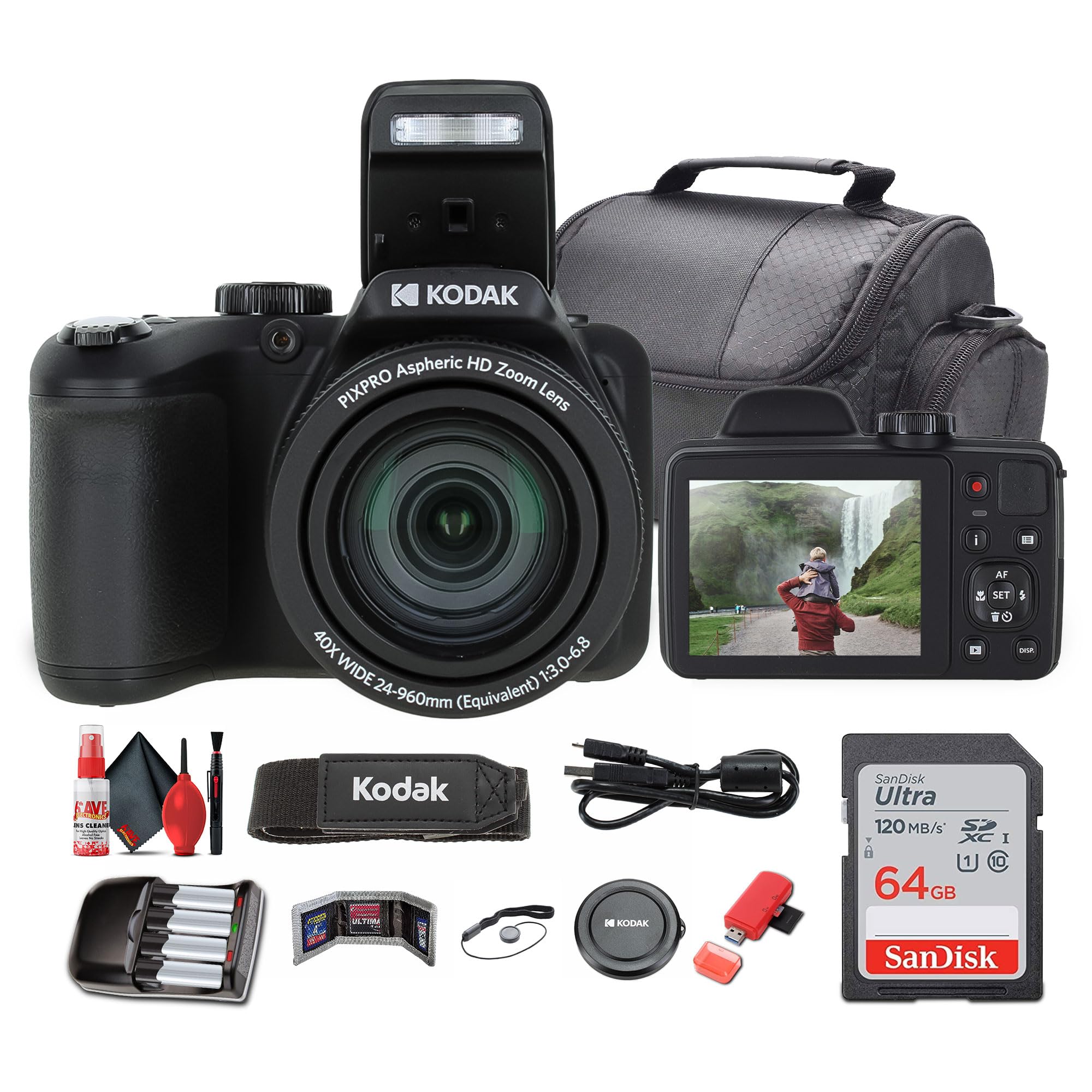 Kodak Pixpro AZ405 Digital Camera (AZ405BK) Bundle Including: 64 GB Memory Card, Rechargeable Batteries, Case, Neck Strap, Lens Caps, Full Cleaning