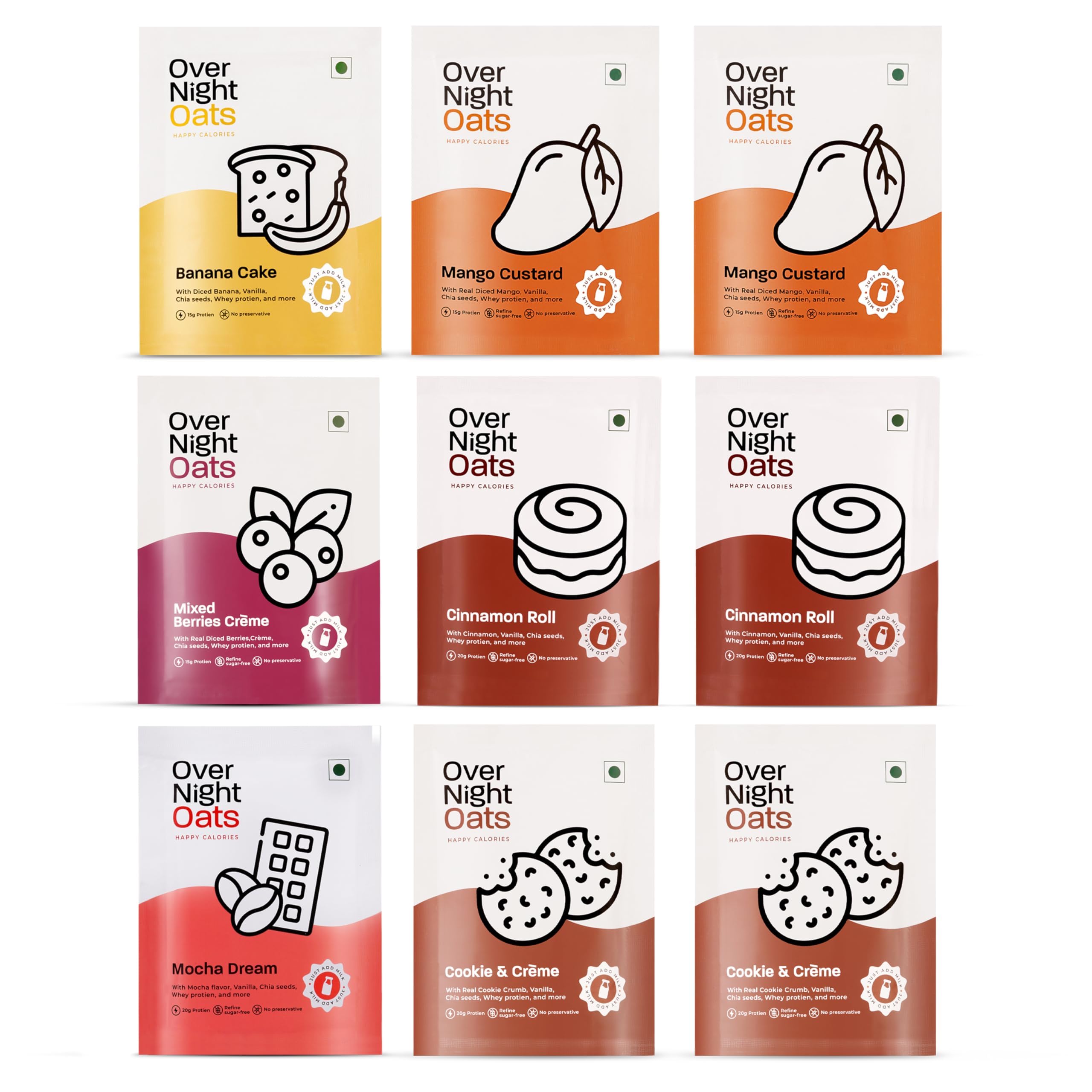 Overnight Oats 20/15gms High Protein| Refined Sugar Free| No Preservative|With Whey Protein, Mocha, Banana, Mixed Berries, Mango, Chocolate Chip, Cookies Cremè and Cinnamon Flavours (Assorted,Pack of 10)-image-49