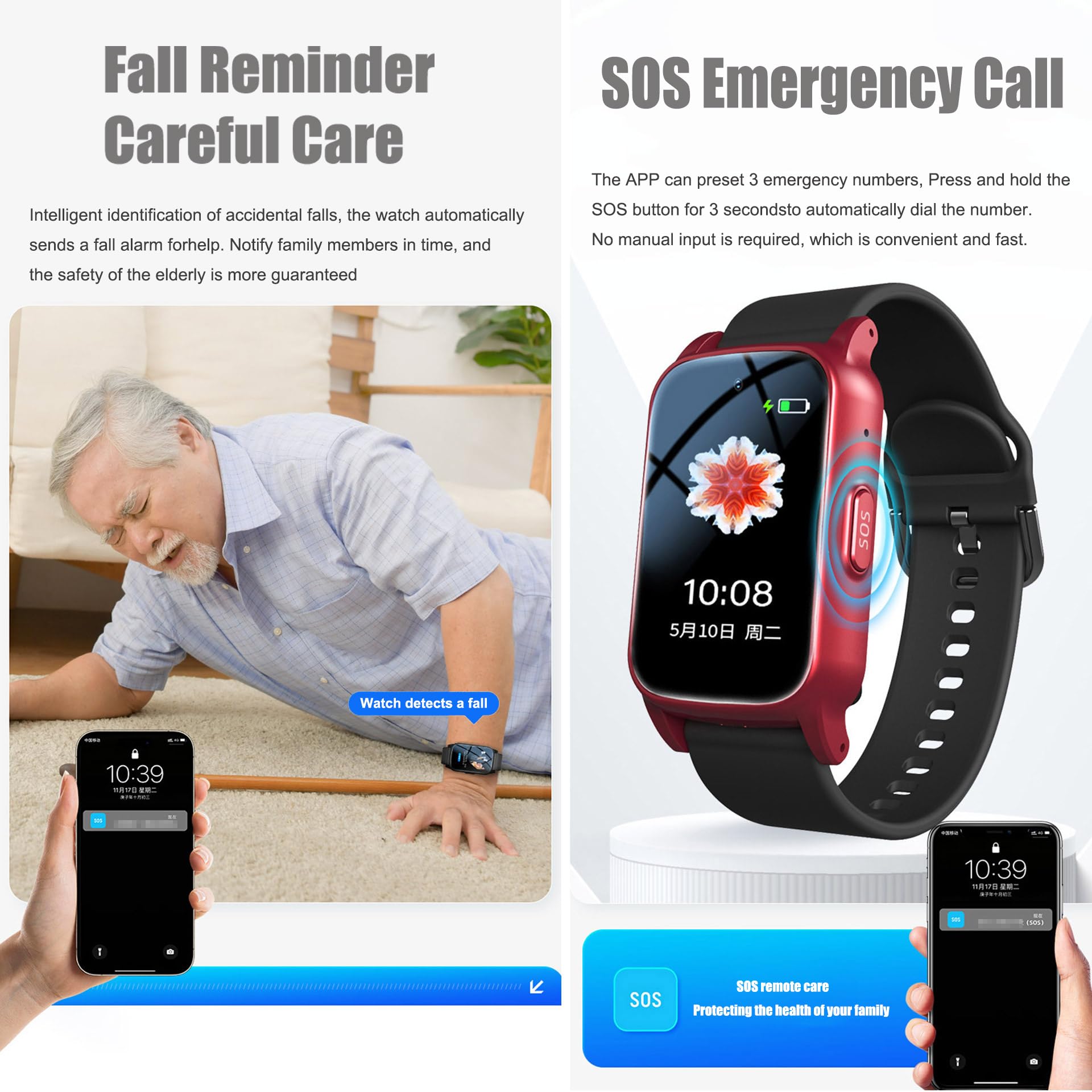 Reloj Localizador Personas Mayores, Reloj Detector Caidas Ancianos, Reloj GPS con Botón De Emergencia SOS, Llamada De Voz HD Y Resistente Al Agua, Reloj Sos para Personas Mayores,Red