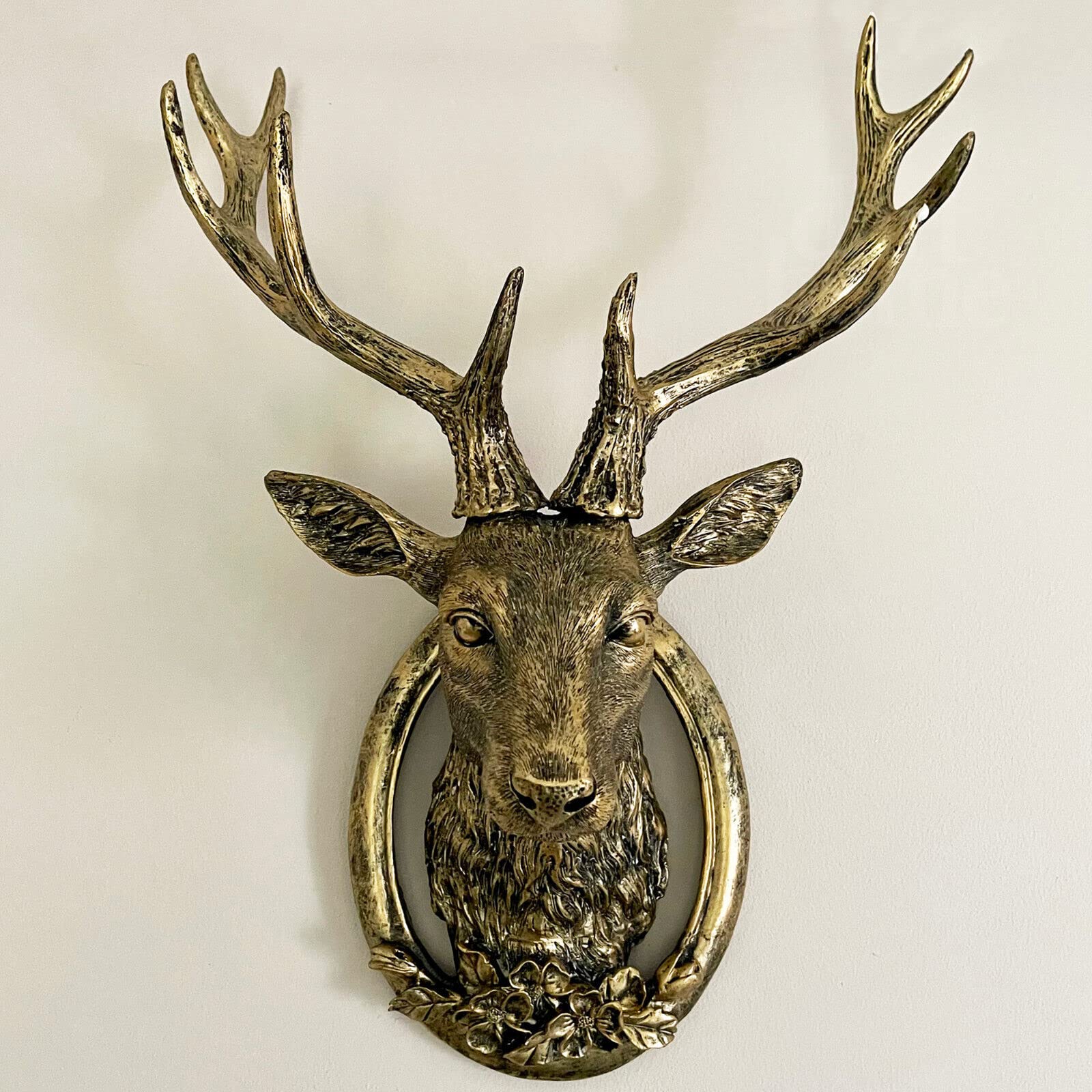 Darthome Gold Stag Head Wall Mount Animal Deer Floral Bust Living Room Decor Sculpture 45cm
