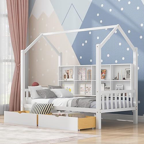 SOFTSEA Cama de casa de tamaño individual con nido y estantes de almacenamiento cama de casa de madera con estantería y techo para niños marco de