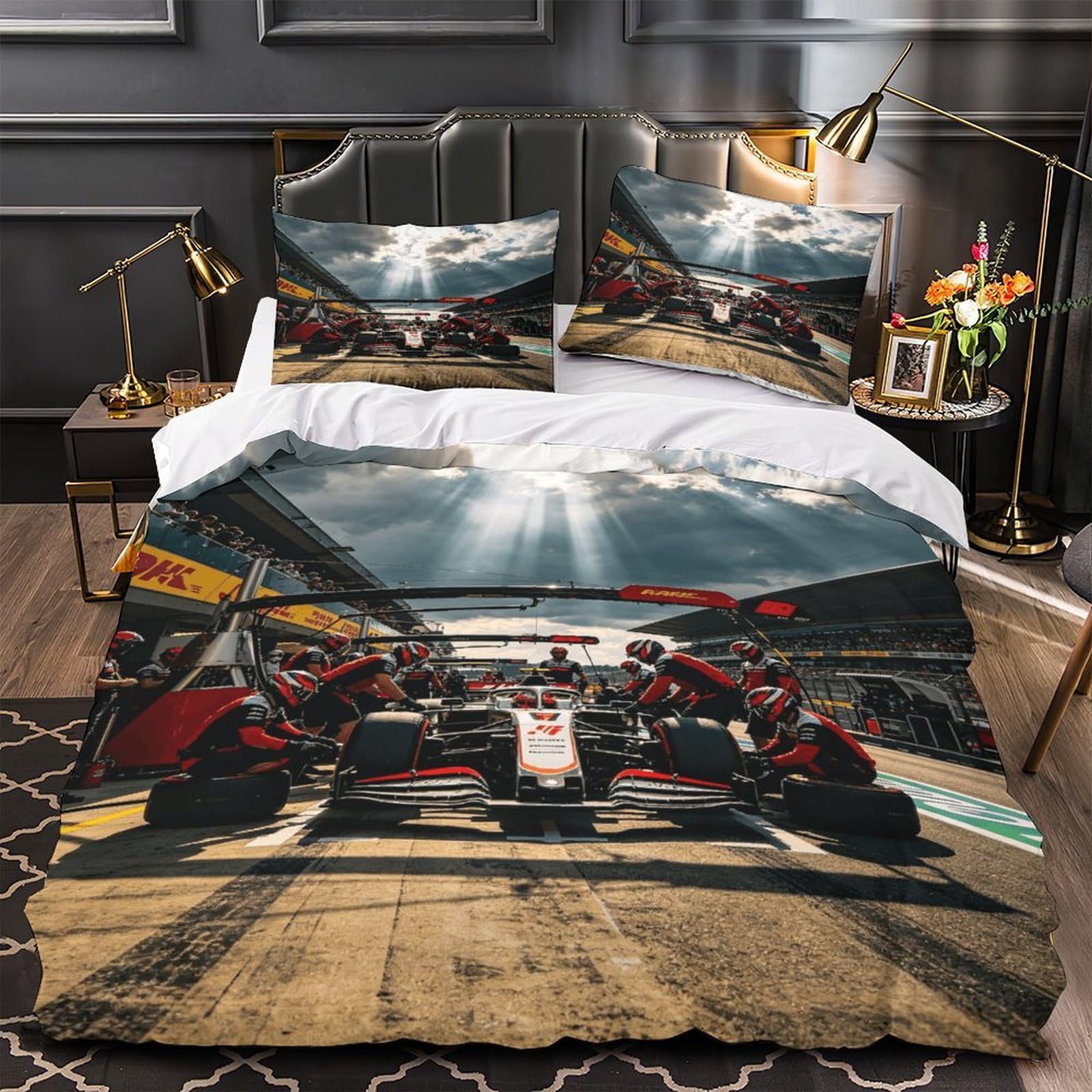 DAFUfbw Formulaa Racing Bedding Set with Hidden Zipper, Pit Stop Duvet Cover Set with Pillowcases, Soft Microfiber Luxury Quilt Cover Set Double（200x200cm）