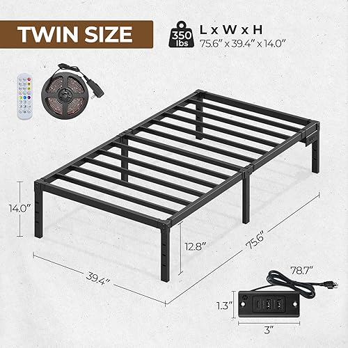 Miniatura 3 de Rolanstar Base de cama con estación de carga USB, marco de cama individual con luces LED, marco de cama de plataforma con listones de acero