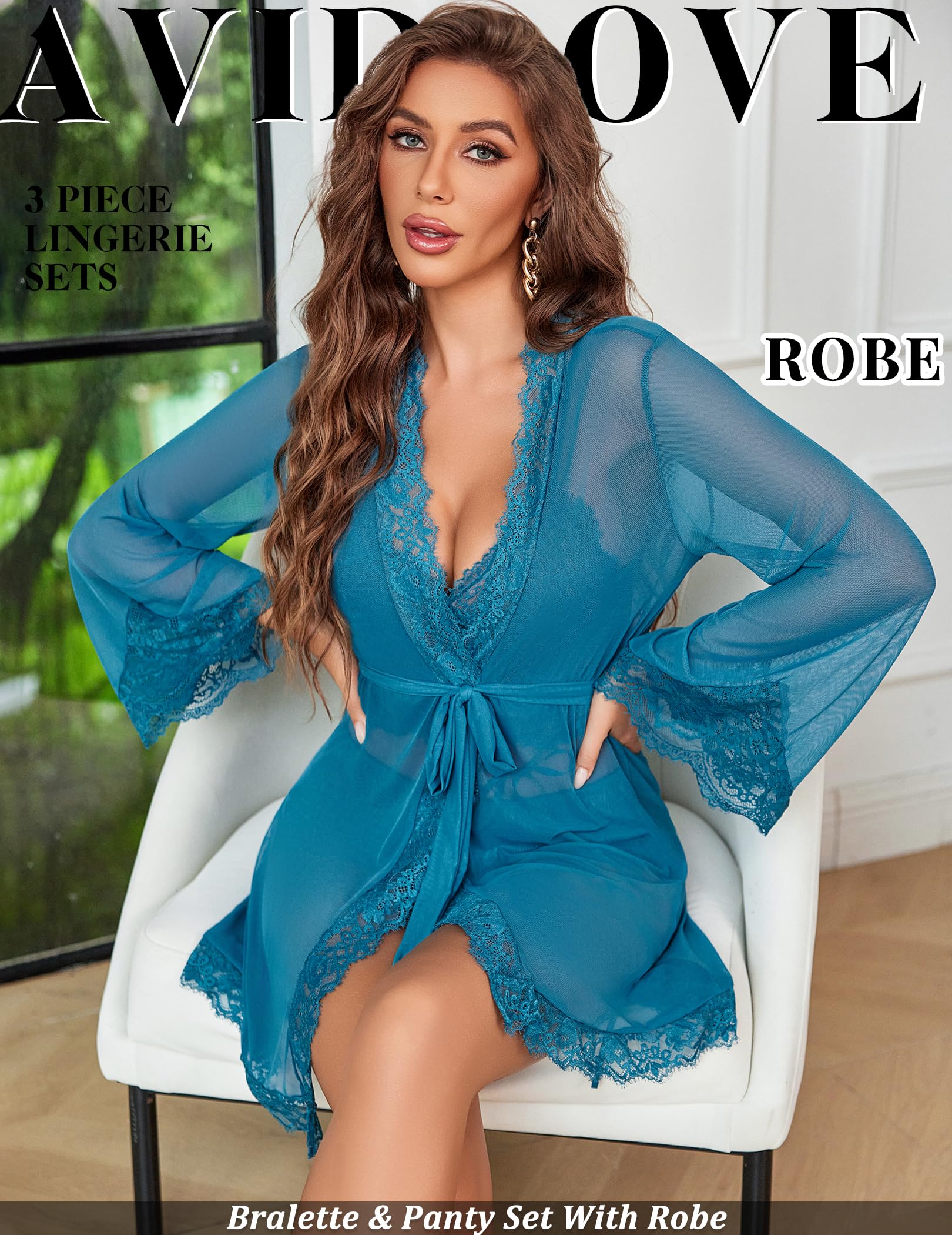 Avidlove Women Sexy Lingerie Set 3 Piece Lace Bralette and Panty Sets With Mesh Kimono Robe Sleepwear Exotic Nightgown: X-Large Peaock Blue