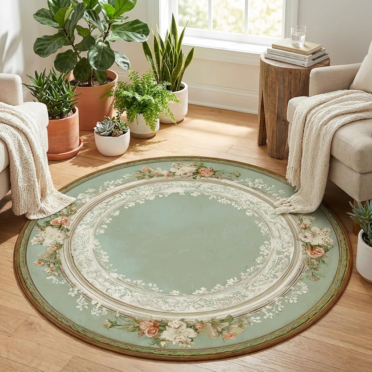 Vintage Floral Round Area Rug Non-Slip Green Circle Rugs for Living Room Bedroom Playroom Decor 6' Diameter