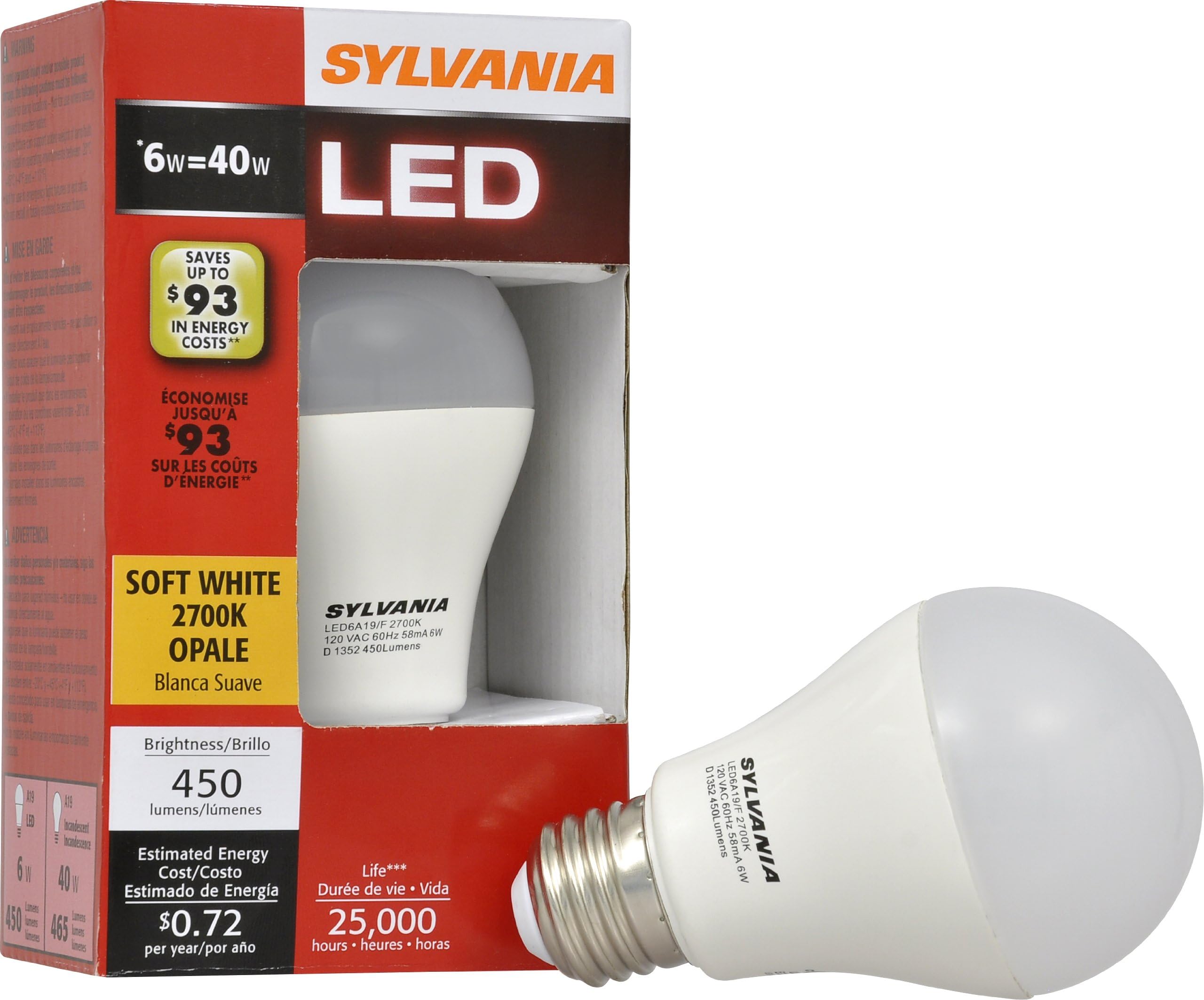 Sylvania 73024 6-watt 450 Lumens A19 LED Light Bulb, Soft White