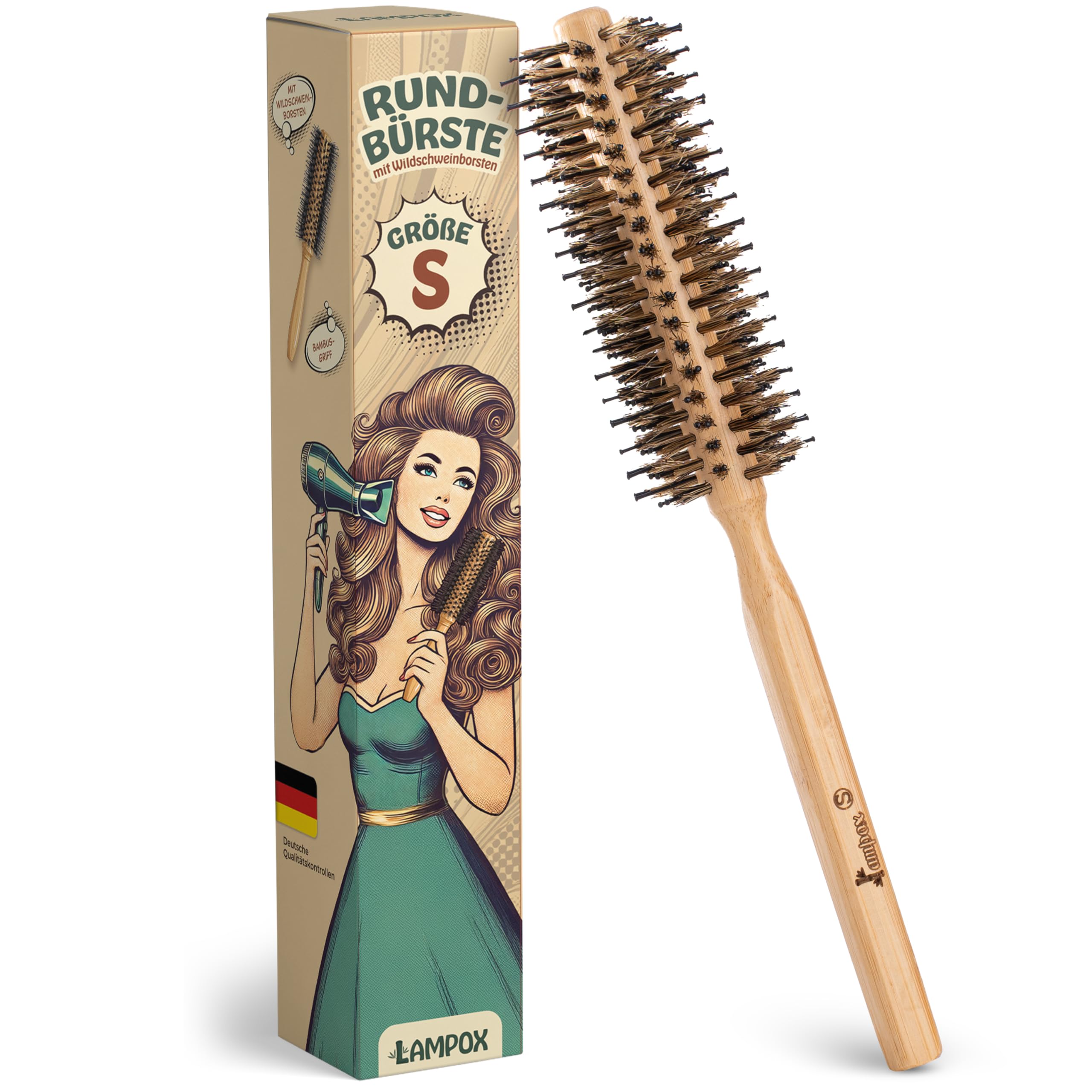 lampox Rundbürste zum Föhnen mit Wildschweinborsten für Volumen und Glanz, Rundhaarbürste, Stylingbürste für Frauen und Männer, Glätten, Locken (S)