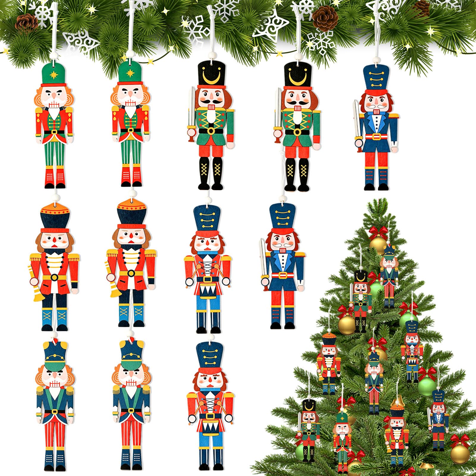 Graplan 12Pcs Wooden Nutcracker Soldier Christmas Ornaments for Xmas Tree
