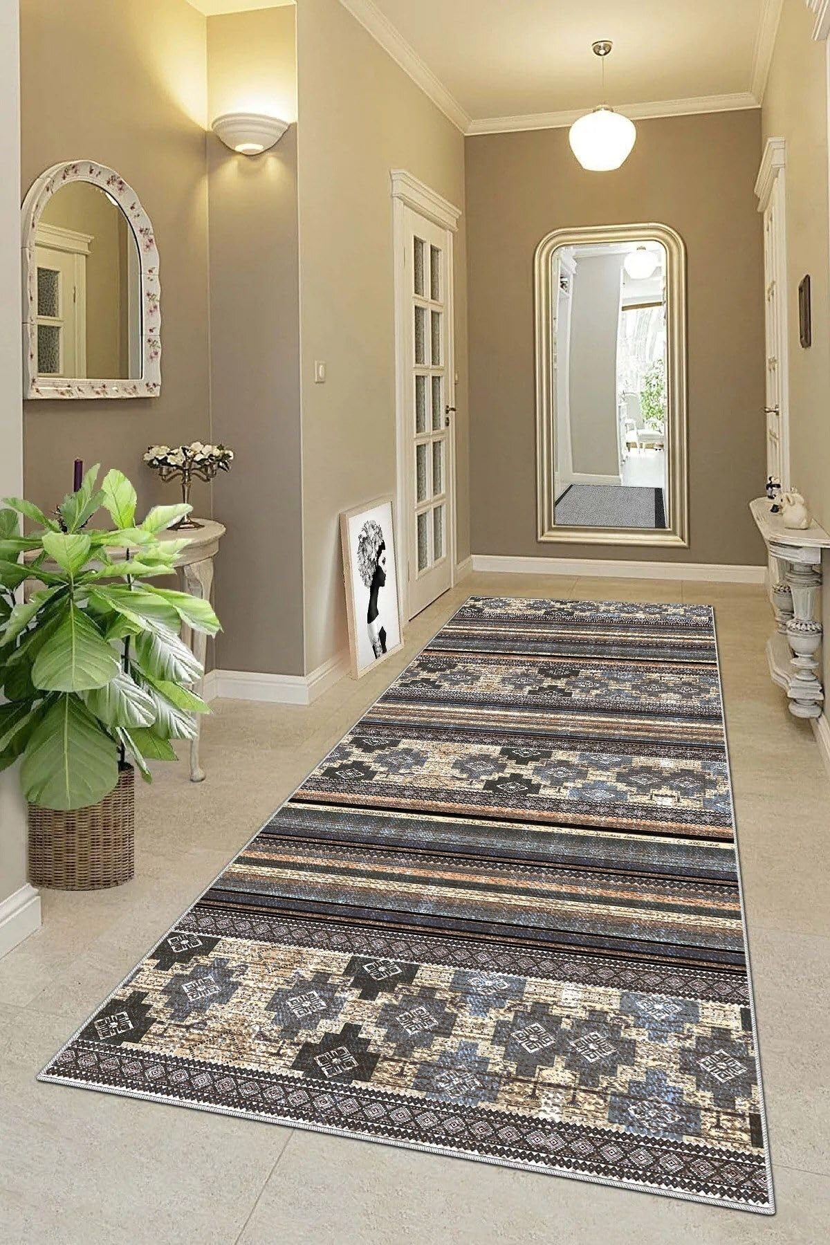 Pelangi Geometrik Desenli Dijital Baskı Yıkanabilir Kaymaz Taban Etnik Kilim Desen Salon Halısı ve Yolluk, Mor-Bej 80 x 200, 955575915802007