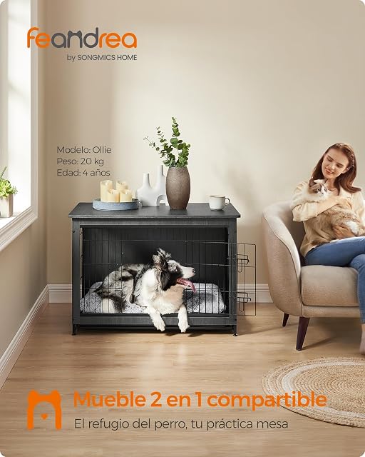 Foto 2 de 7 de Feandrea Jaula para Perros, Mesa Auxiliar, Moderna Jaula para Perros hasta 32 kg, Jaula para Cachorros