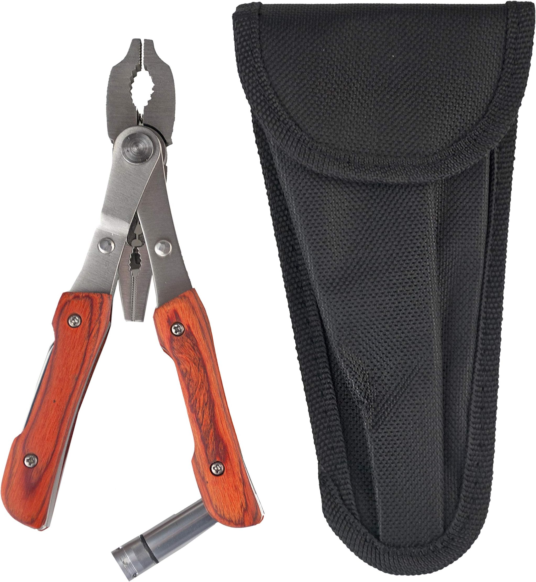 ADROIT 11-in-1 Multi-tool | Stainless Steel Construction | Wood Grain Handle | Tools Include LED Light, Knife, Screwdriver, Pliers, Crimpers, & More | Outdoor & Home Utility