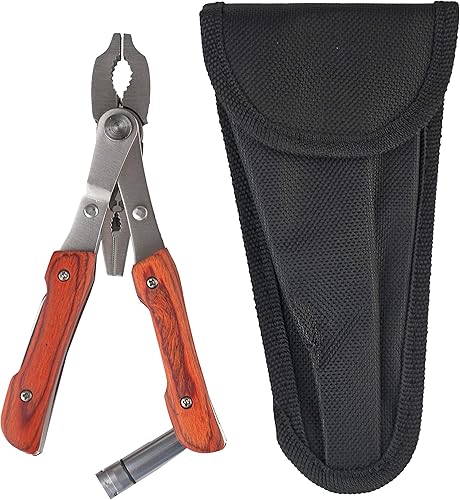 ADROIT Multiherramienta 11 en 1 | Construcción de acero inoxidable | Mango de grano de madera | Las herramientas incluyen luz LED, cuchillo,