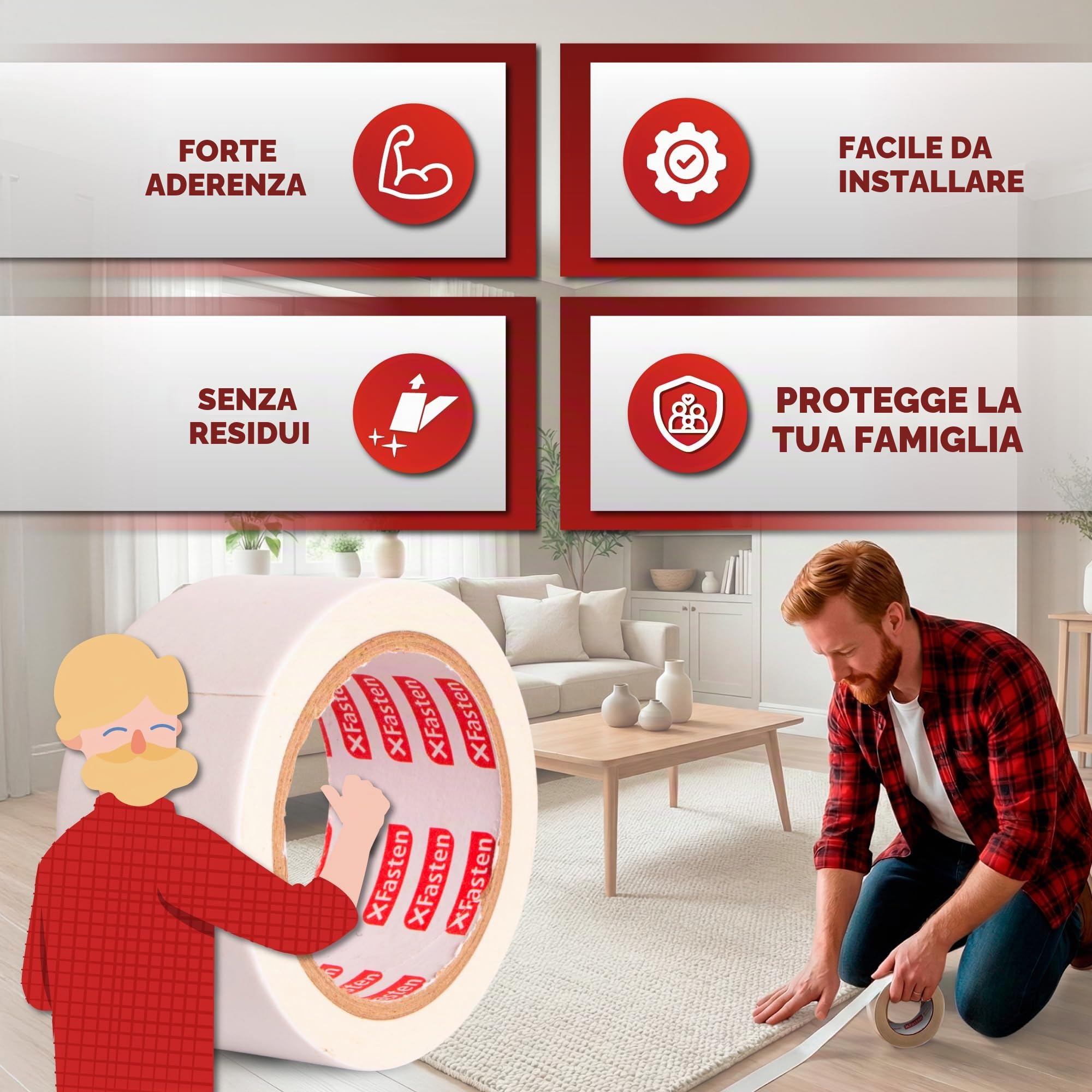 XFasten Nastro biadesivo per tappeti e moquette, rimovibile e sicuro in legno duro, 2 pollici x 10 iarde, ideale per tappeti, moquette o delicati pavimenti in legno duro