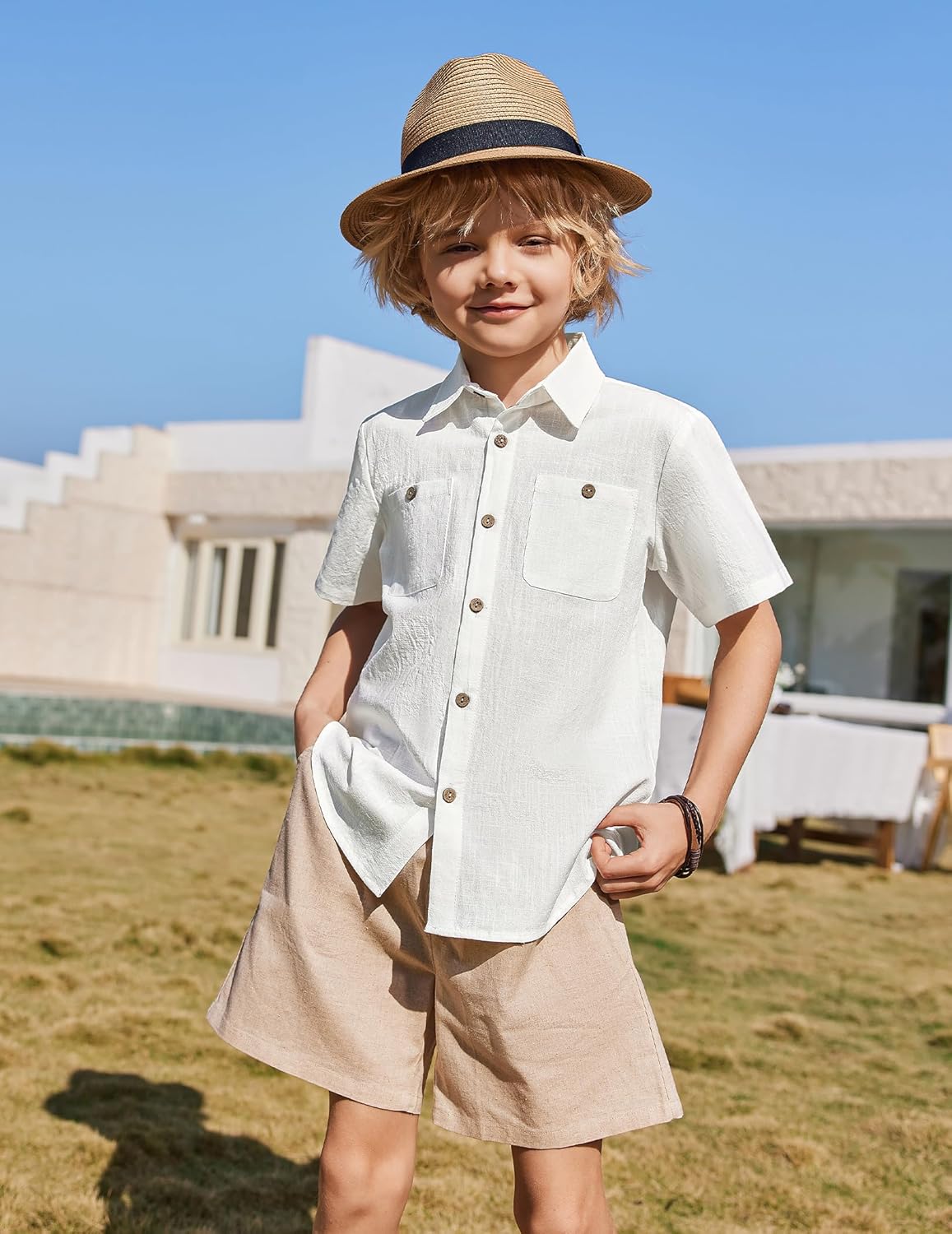 Arshiner Boys Short Sleeve Button Down Shirt Cotton Woven Casual Shirts with 2 Pockets for Kids 4-12 Years - Image 3