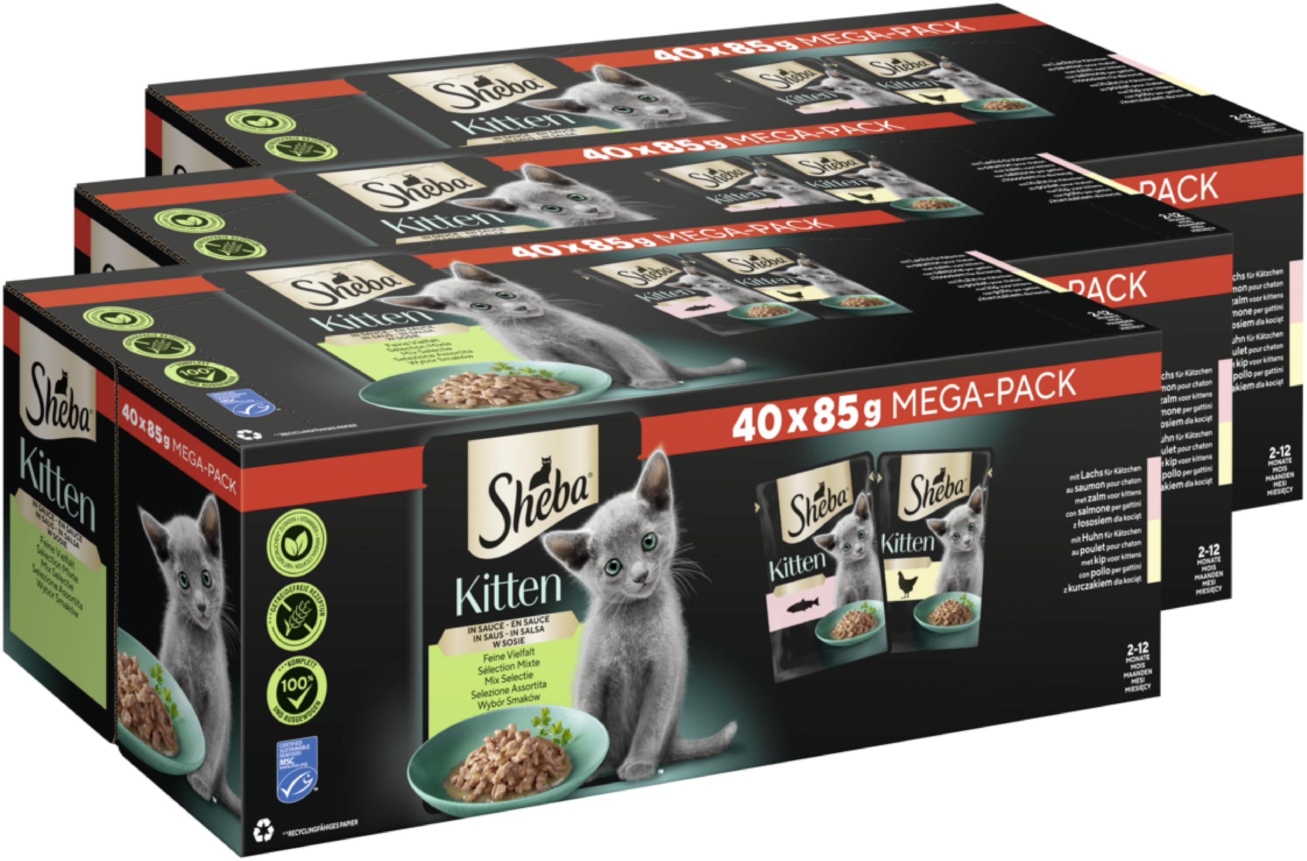 SHEBA® Portionsbeutel Multipack Kitten Feine Vielfalt in Sauce 3 x 40 x 85g