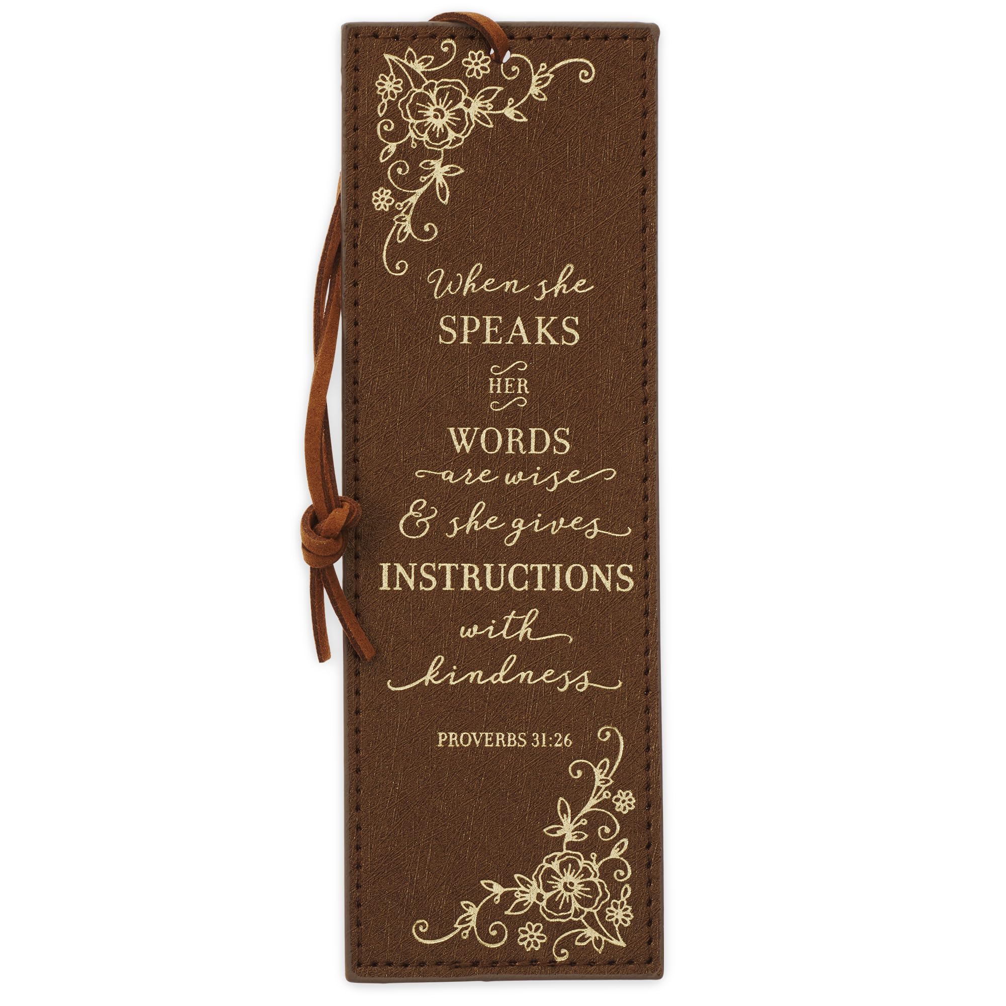 Christian Art Gifts Premium Vegan Faux Leather Scripture Bookmark for Women: When She Speaks - Proverbs 31:26 Inspirational Bible Verse, Heat-Debossed, Faith-Based Reading Accessory with Cord, Brown