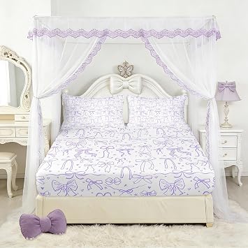 Purple Bowknots Fitted Sheet Twin Size,Cartoon Hand Drawn Stars Love Bow Bedding Set,Kawaii Princess Style Bed Sheet for Kids Girls Women Teens Room Decor,Romantic Deep Pocket No Flat,1 Pillowcase