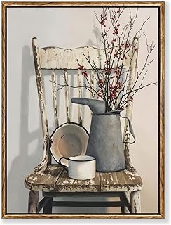 PicturePerfect Decor Farmhouse Retro Frame Art Mural Bathroom Flower Wall Art Rural Villa Wall Decoration Retro Style Old Wooden Chair Painting Plants Flower Printing 12x16 inches - Buy now