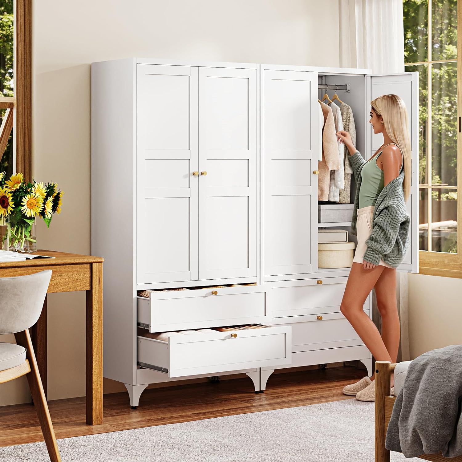 Letaya Metal Armoire Wardrobe Closet with 2 Drawers,18" Deep Clothing Storage Cabinet with Doors and Shelves,Coat Closet with Hanging Rod,Bedroom,Home,Cloak Room,White