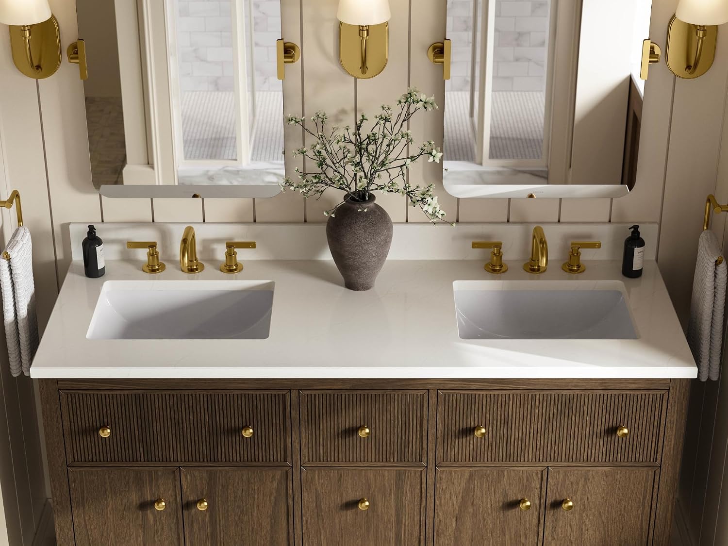 KOHLER 35022-DAK Malin by studio mcgee 60 in. bathroom vanity cabinet with sinks and quartz top, Draper Oak
