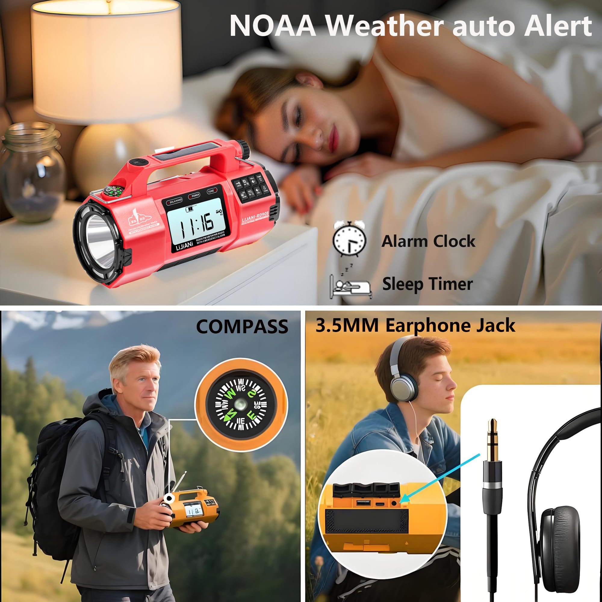 Radio meteorologica FM/AM/SW, grande torcia/altoparlante, tipo C, sveglia con timer di sonno, carica a manovella solare, batteria AA, kit di sopravvivenza per uragano caricabatterie per telefono