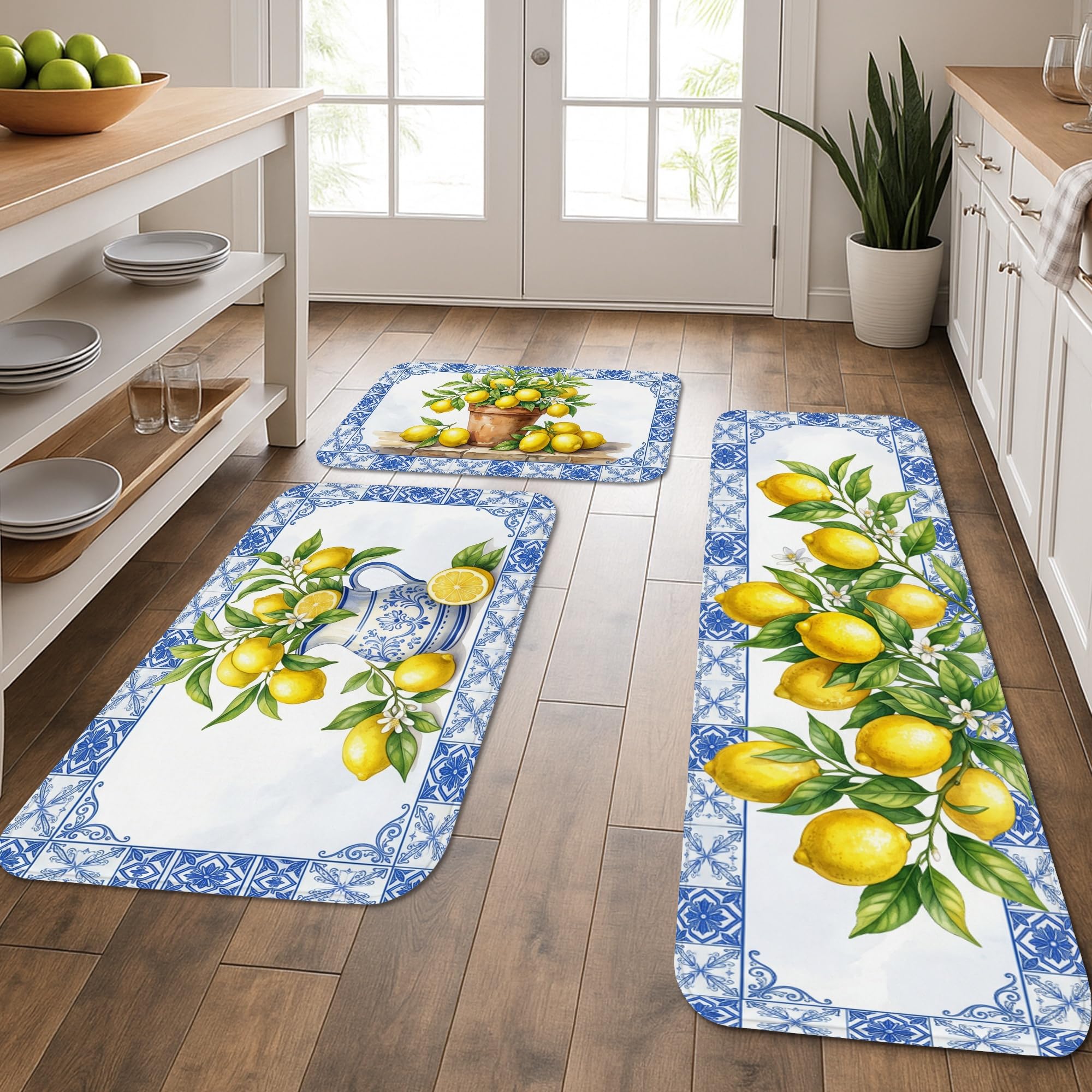 Tapis de cuisine lavables lot de 3 bleu tapis de bain vintage et tapis buanderie