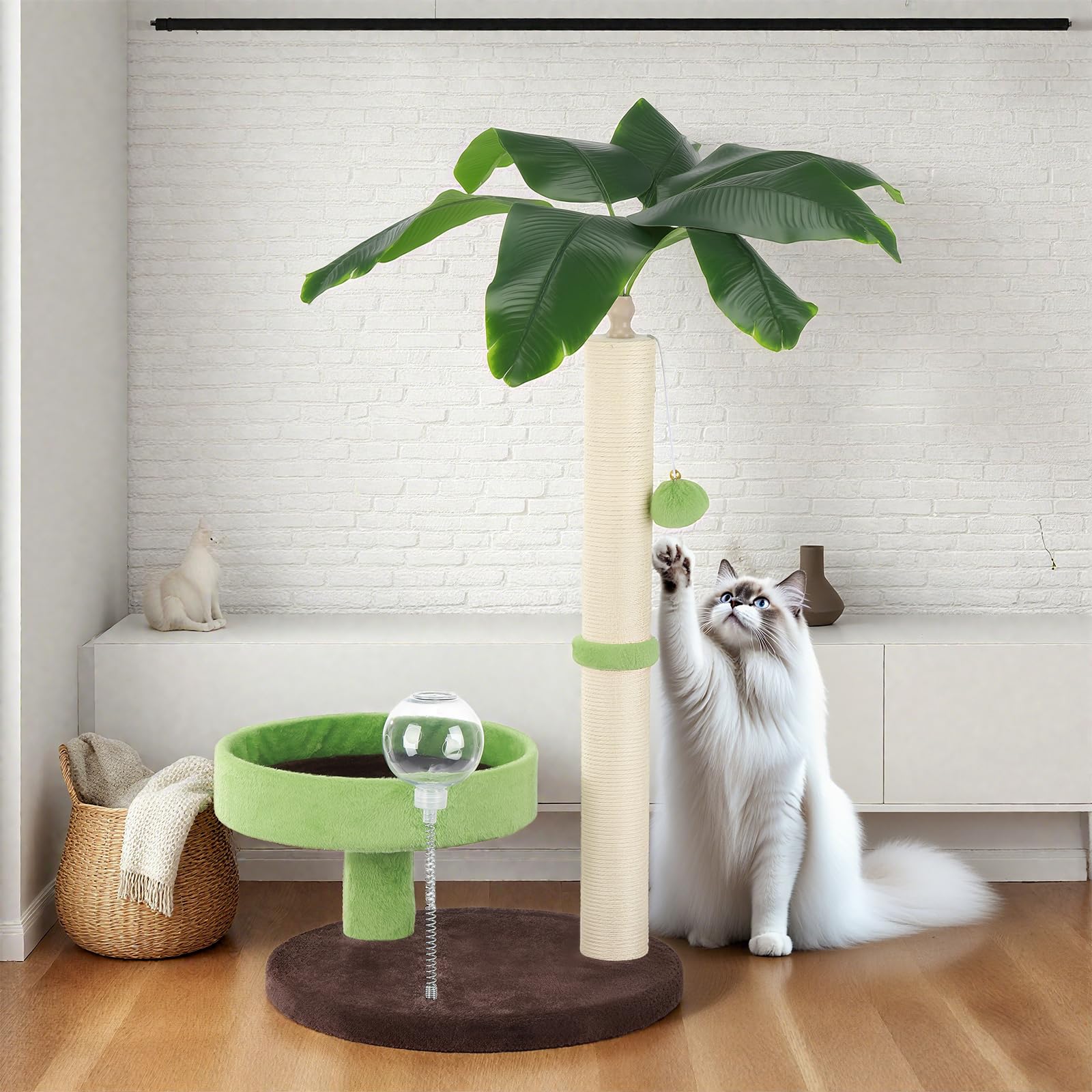 Cat Tree,70cm Cat Scratching Post for Indoor Cats,Transparent Feeder with Sisal Scratching Posts,Plush Toy Balls,Cave,Sisal Rope for Kitten Climbing,Playing,Relaxing,Green