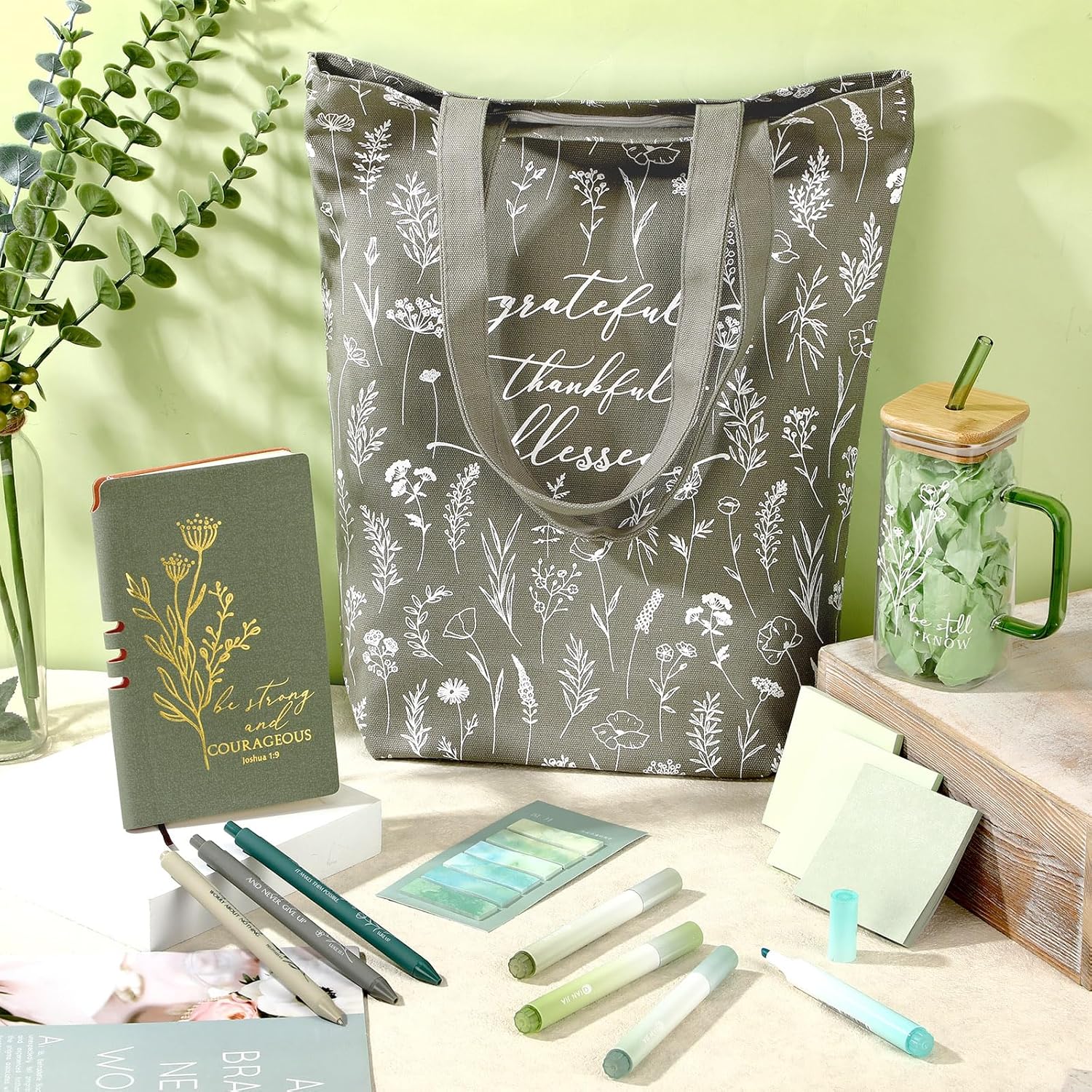 Reallnaive 14 Pcs Christian Gifts for Women Church Bible Journaling Study Kit 16oz Glass Cup Canvas Bag A6 Leather Notebook Highlighter Pen Sticky Note Sticker Fathers Day Sunday Shool Gift(Green)