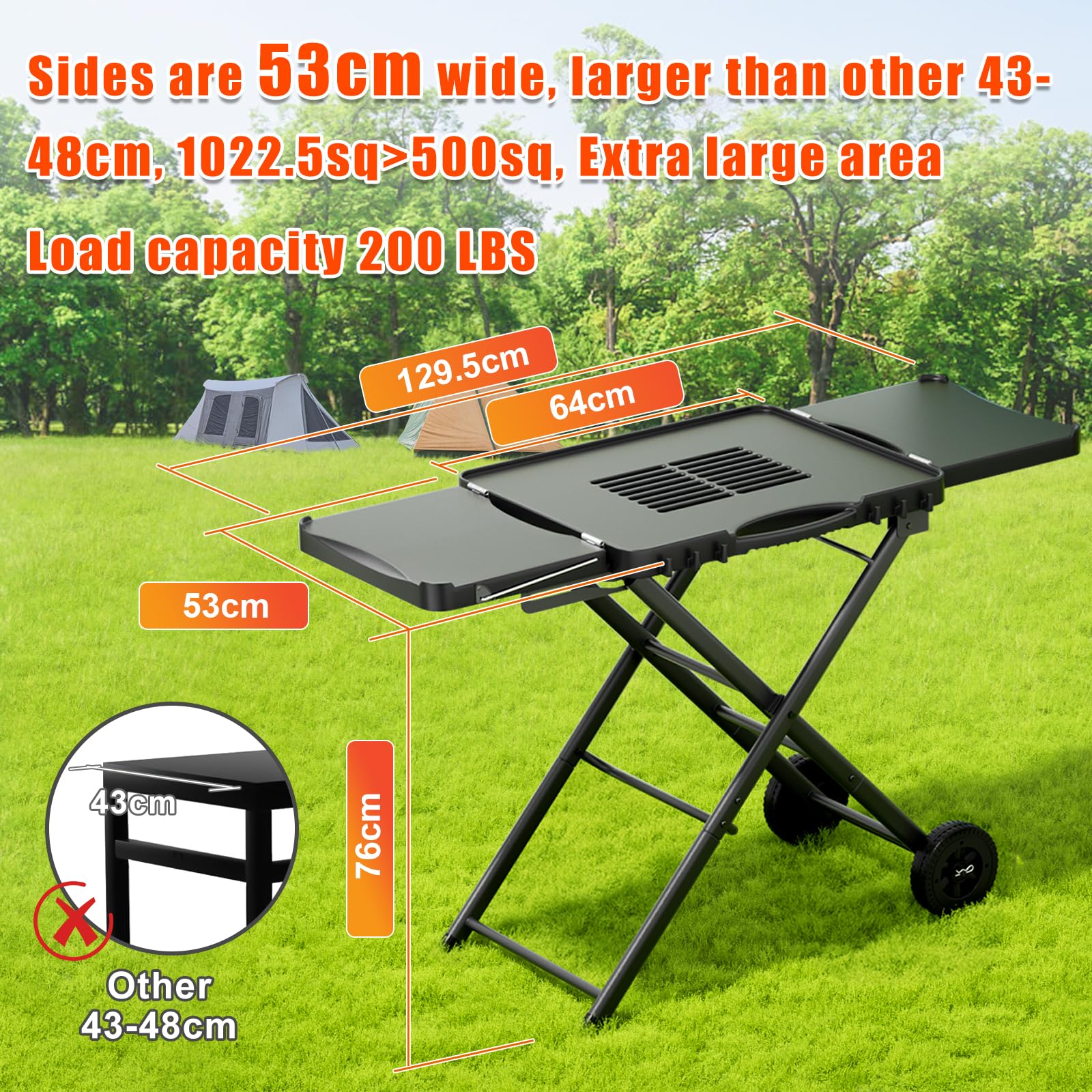 GFTIME Chariot de barbecue portable pour Weber, Ninja, Ooni, Blackstone, Nexgrill, Traeger et autres marques | Chariot de barbecue d'extérieur avec roues, tables