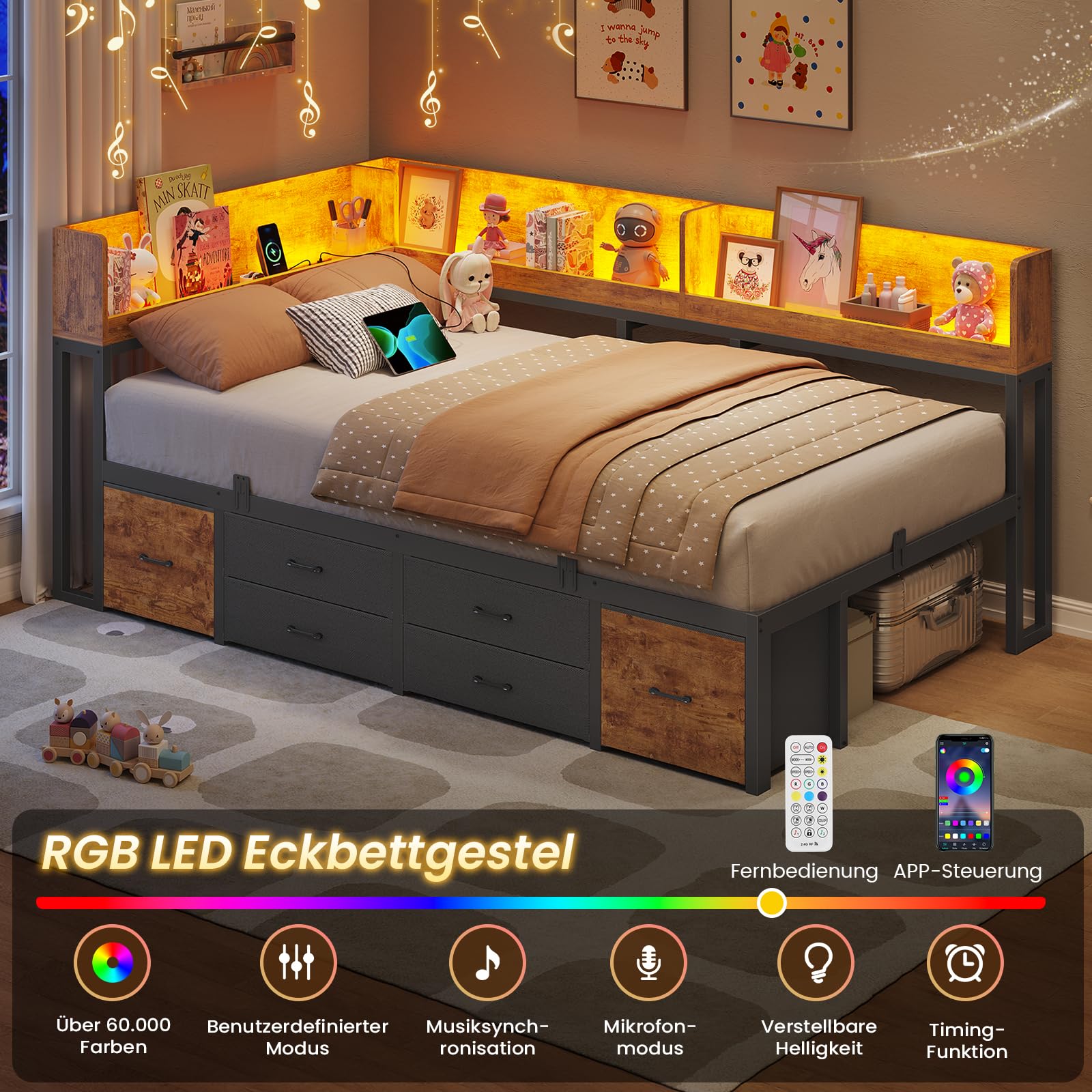 AOGLLATI Schlafsofa 90x200 Jugendbett mit Integriertem Bücherregal & 6 Schubladen,Bett mit Stauraum & LED-Beleuchtung Gästebett Tagesbett Bettgestell mit Lattenrost (Vintage Braun, 90x200cm)