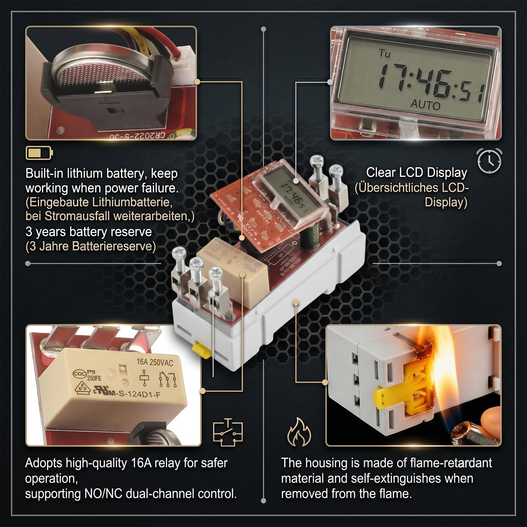 Heschen Commutateur de relais de minuterie programmable hebdomadaire d'alimentation LCD numérique, THC15A, DC12V 16Amp, SPST, Rail DIN 35mm