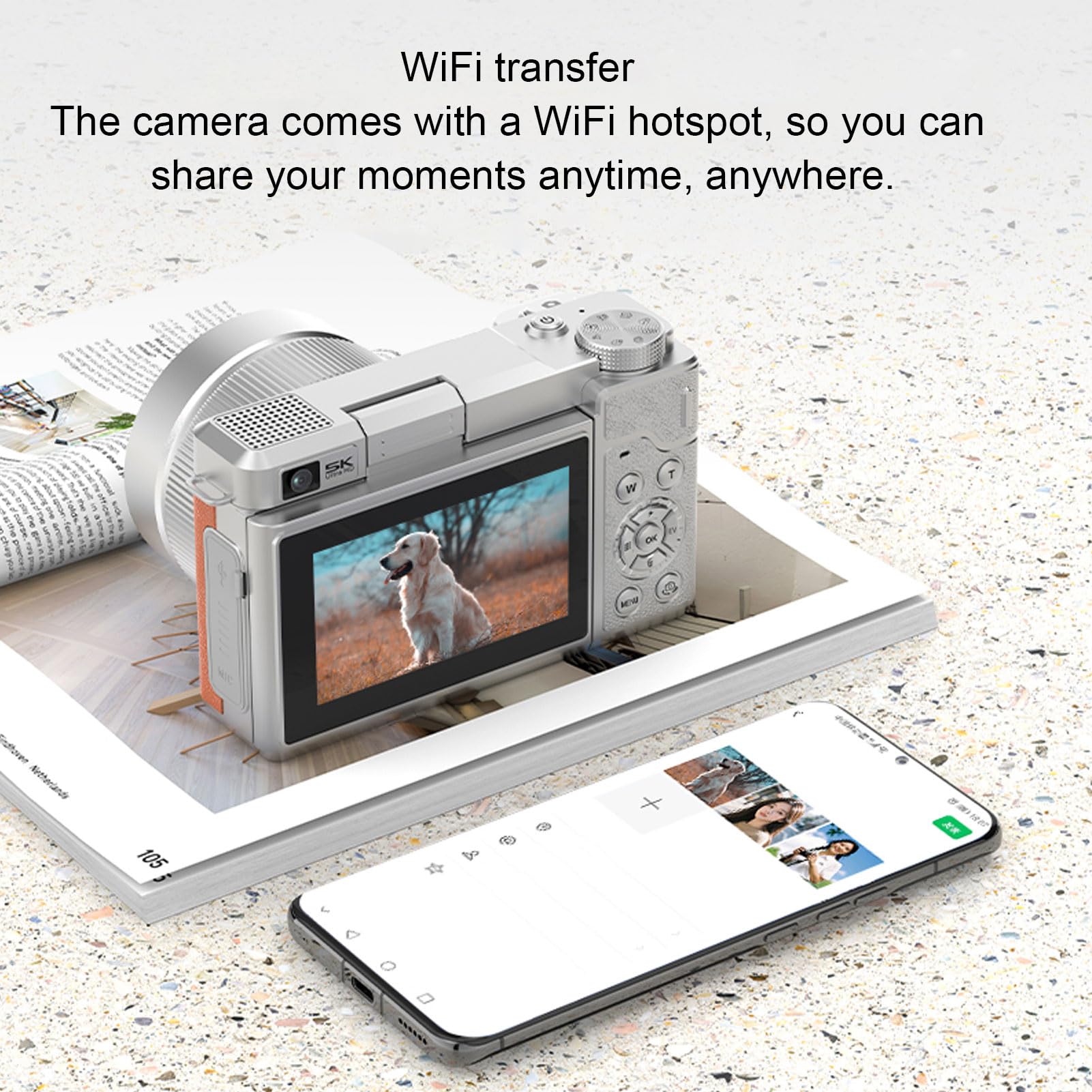 Sxhlseller Fotocamere Digitali 5k per Fotografia, Fotocamera Digitale a Doppia Lente HD da 80 MP con Schermo a Flip, 8x Zoom Autofocus Wifi Video Vlogging Camara per Viaggi di Youtube (BROWN)