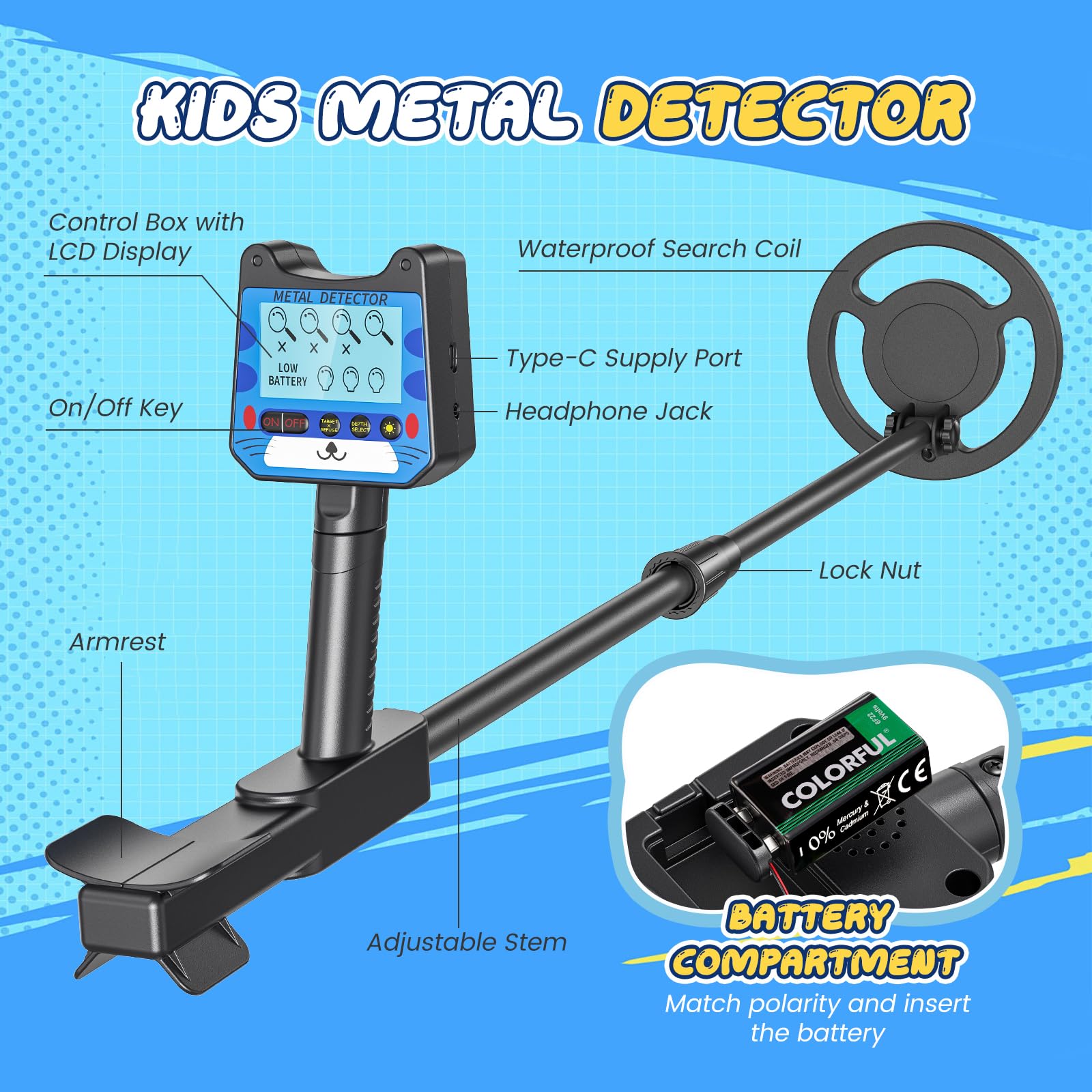 Detector de Metales Niño, Detector Ligero con Pantalla LCD e Indicación Sonora, IP68 Impermeable y Alta Sensibilidad, 2 Modos Kit de Caza del Tesoro para Niños Buscador de Oro (Azul)