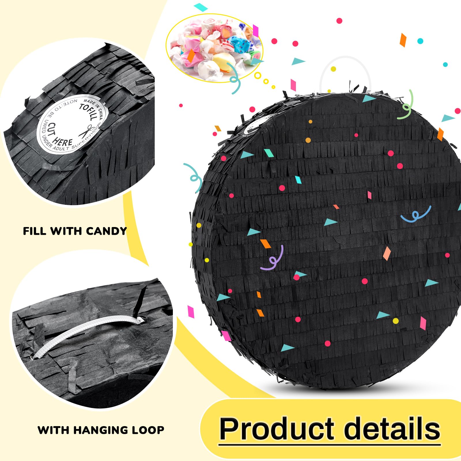 Jenaai 16" Round Blank Piñata with Stick, Blindfold and Confetti for Adults and Kids' Birthday Parties(Black)