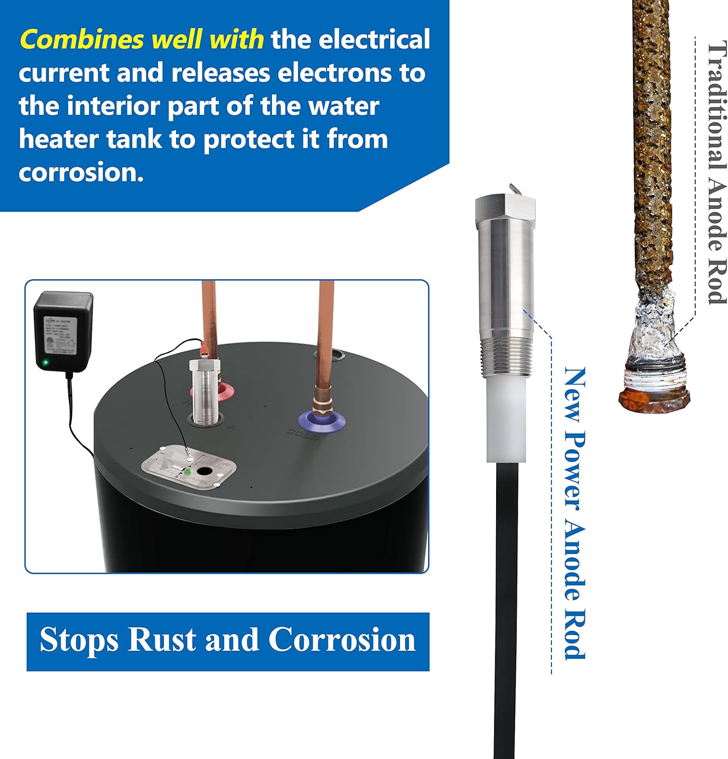 Powered Anode Rod for Water Heater,Electrical Anode Rod Made of Titanium,Anode Rod for 40-89 Gallon Tank Water Heater with Power Supply
