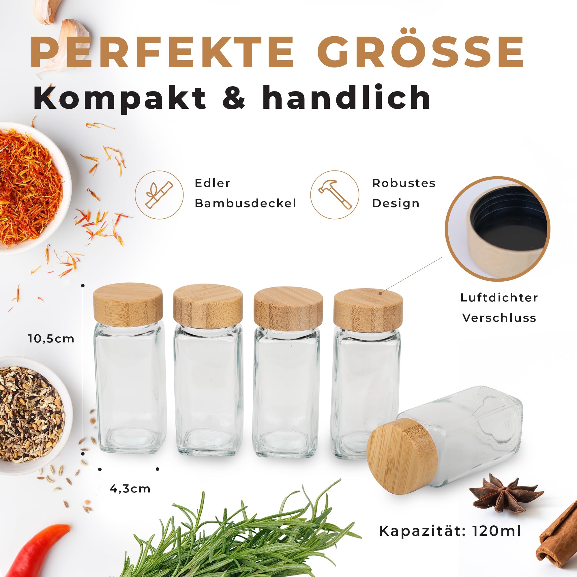 comforder Lot de 24 pots à épices carrés avec couvercles - 2 embouts de broyage et entonnoirs - 120 ml (bambou)