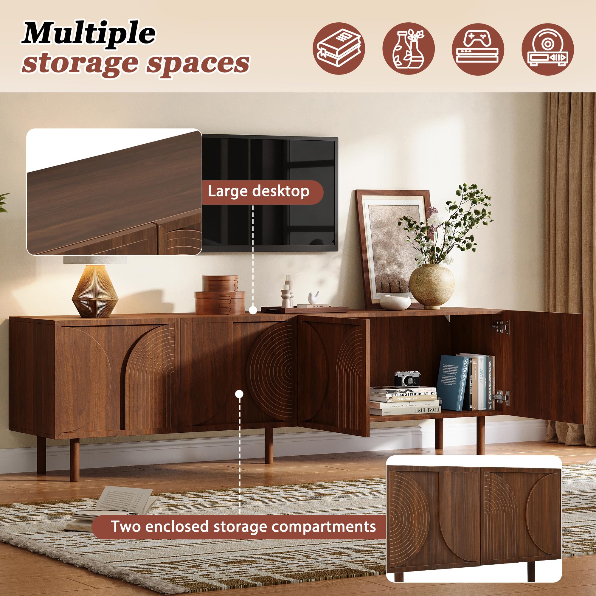 SUKY Mobile TV da 180 cm, mobile basso per TV da 75 pollici, 4 ante, 2 scomparti, moderno, con ampio spazio portaoggetti, design in rilievo 3D, colore legno di noce, 180 x 38 x 56,5 cm