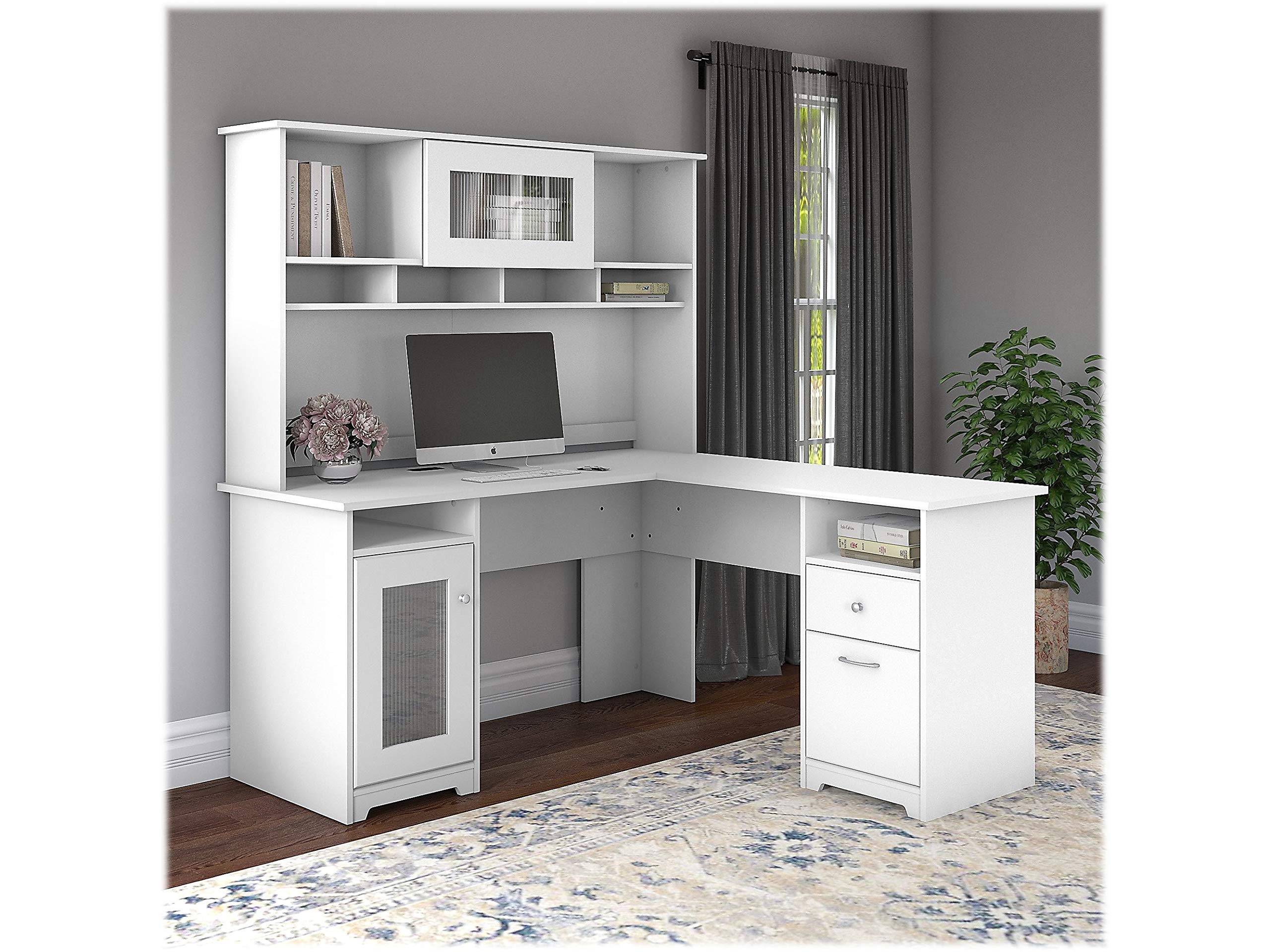 Bush Home Cabot 60W L Shaped Computer Desk with Hutch and Storage in White, 60-inch Corner PC Workstation for Home Office - 2