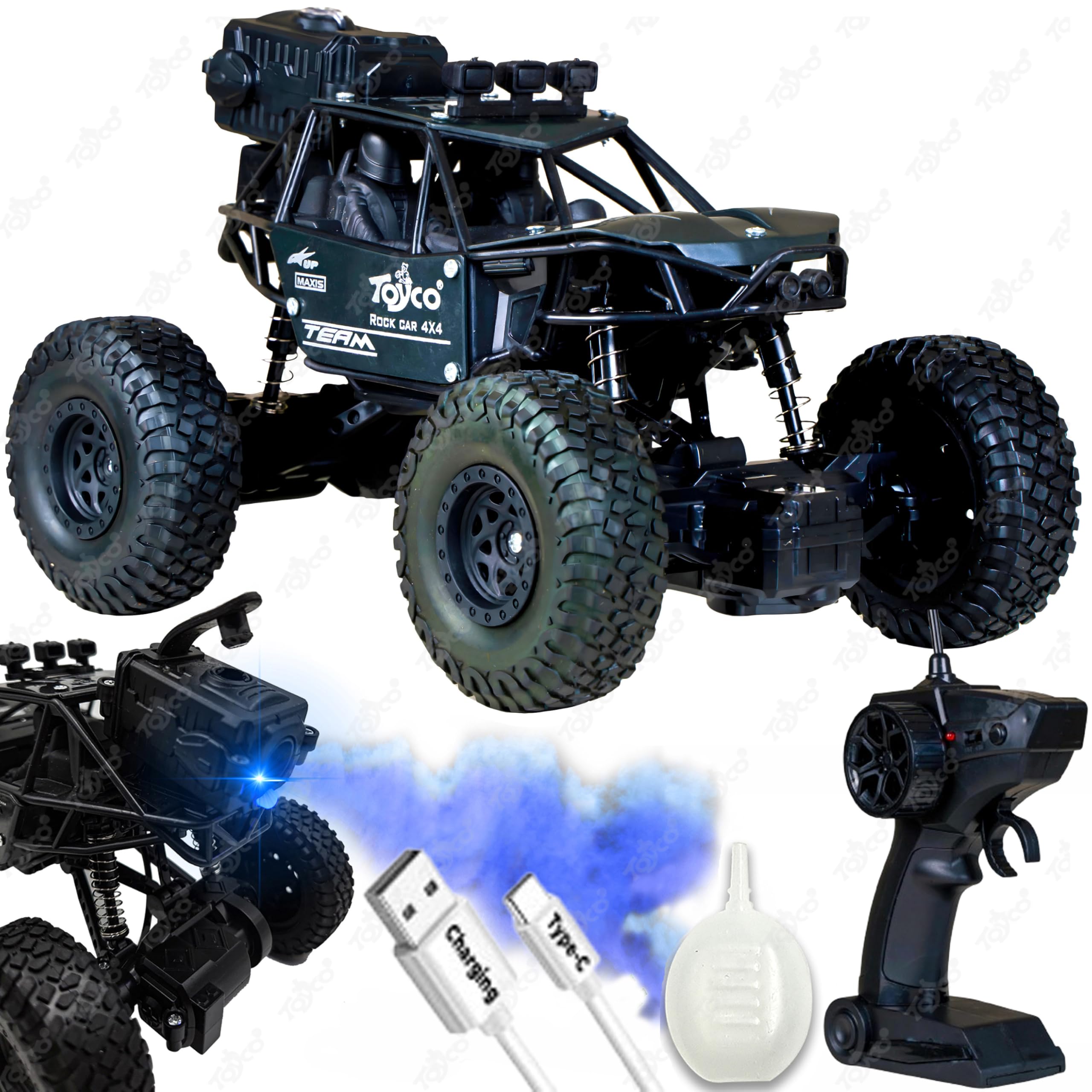 toyco® Alloy Rock Crawler - Rechargeable Remote Control Car Toy with LED Smoke Effect and Anti-Slip Tyres| 1:18 Scale | Off-Road RC 2WD Monster Truck Gift for Kids Boys and Girls Age 4-12+ (Black)