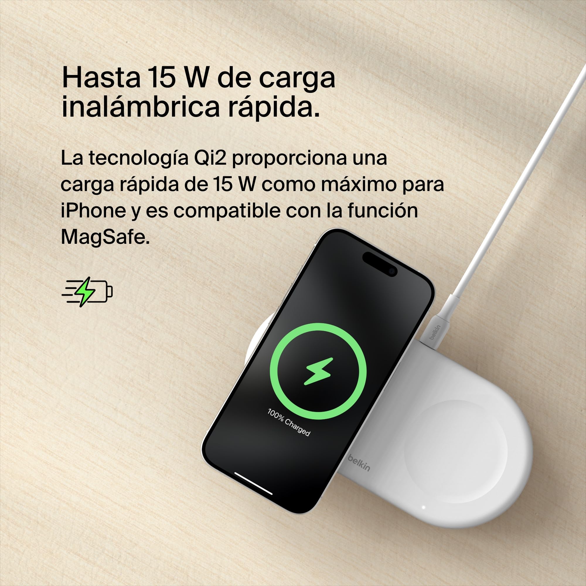 Belkin BoostCharge Pro Cargador Inalámbrico 2 en 1 con tecnología Magnética Qi2, 15W, Estacion de Carga Rápida Inalámbrica Compatible con Magsafe para iPhone 17, Air, Pixelsnap, AirPods - Blanco