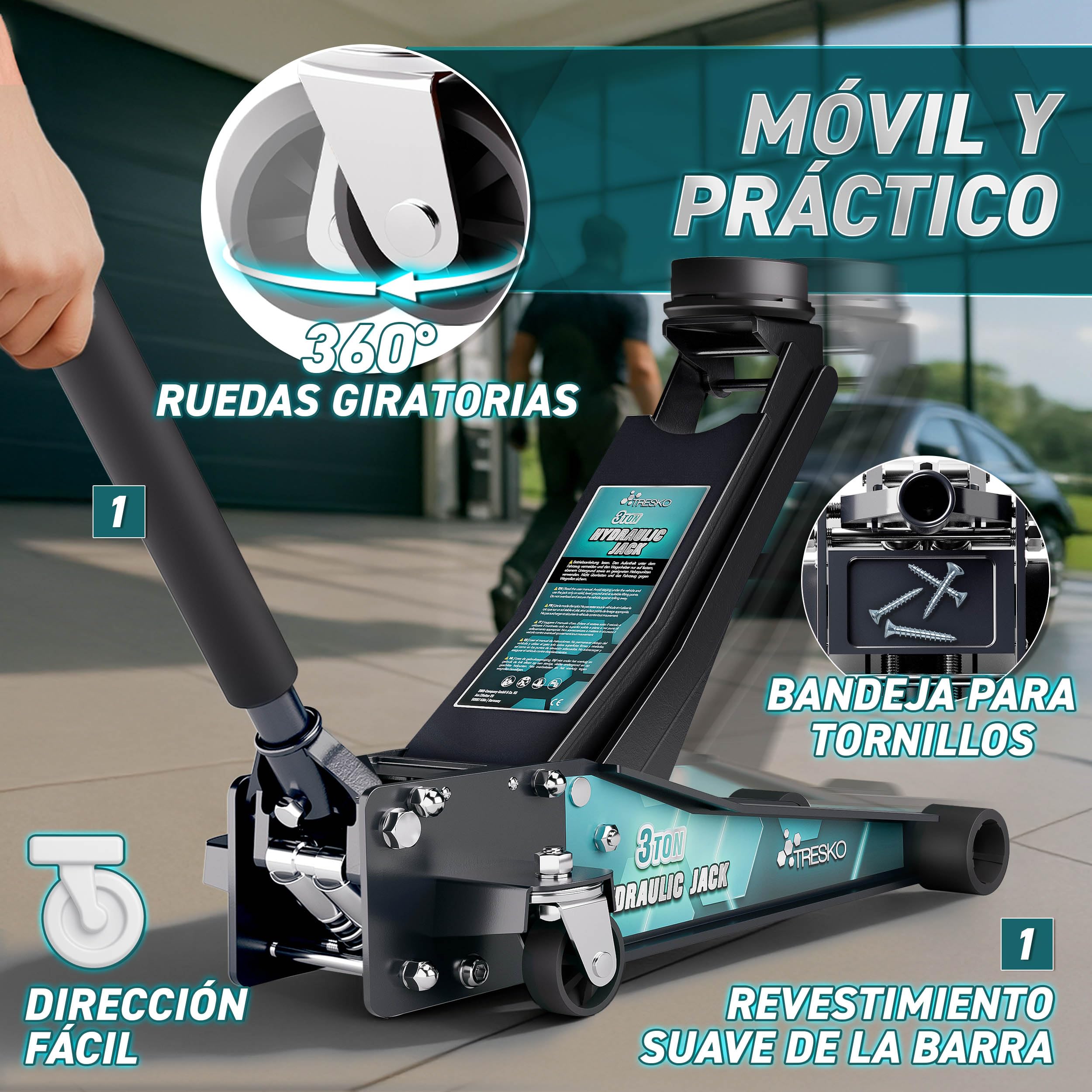 TRESKO gato hidráulico 3T 75-510mm doble pistón ruedas 360°