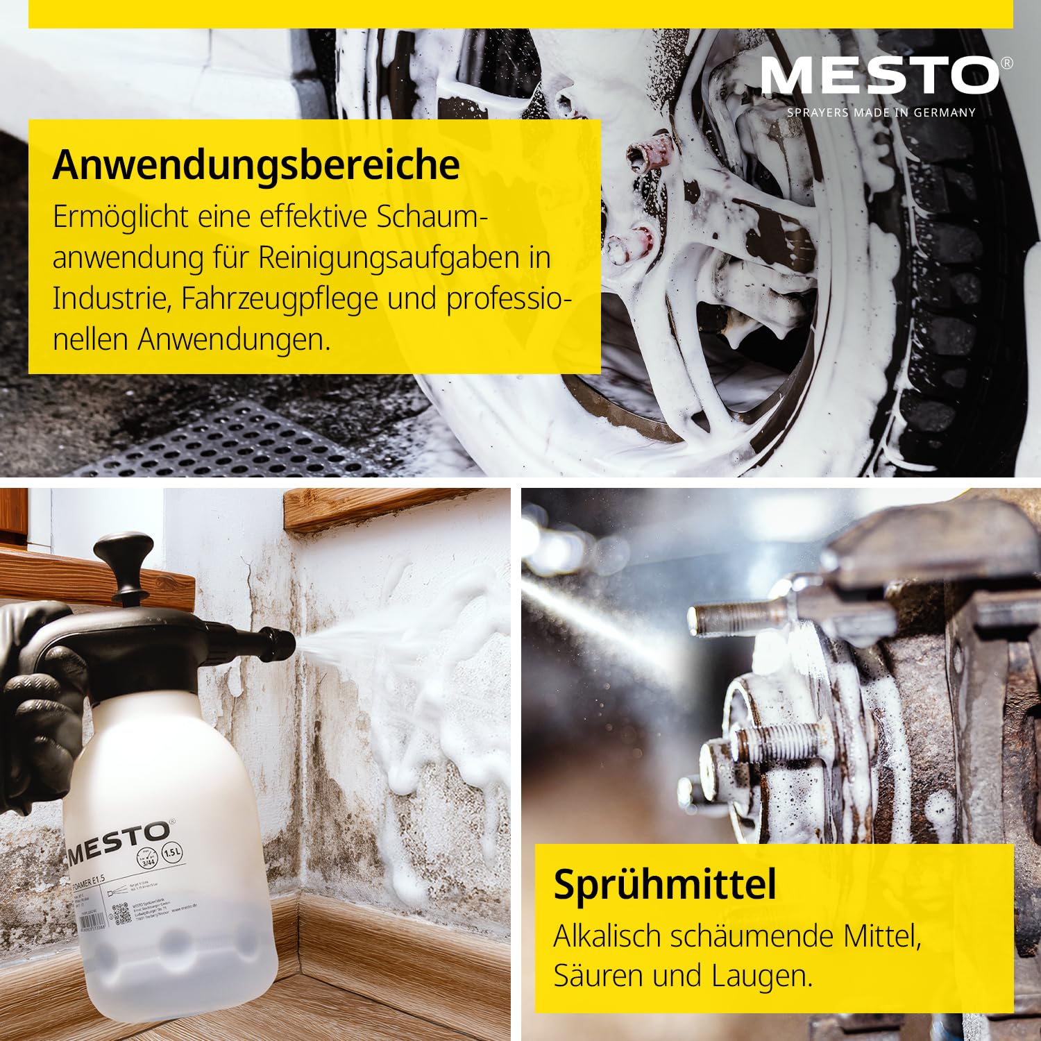 MESTO 3132FE FOAMER Drucksprüher 1,5L Schaumsprüher | Schaumgerät mit EPDM-Dichtungen | Foam Sprayer für Automotive Reinigung | Schaum Sprühflasche | Spezial-Flachstrahldüse 110-06 | inkl. Fleecepads