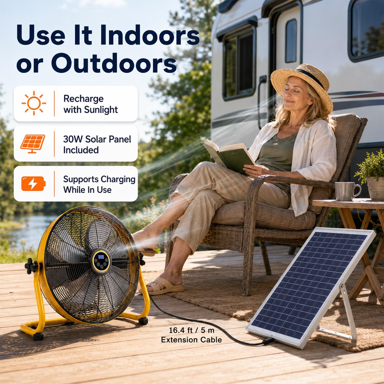 Ventilatore Solare in Metallo con Batteria, Pannello 30W e 12 Velocità | Ricarica Solare 30W & AC, Silenzioso 30dB, Autonomia 38h, Inclinazione Regolabile & USB per Interno ed Esterno