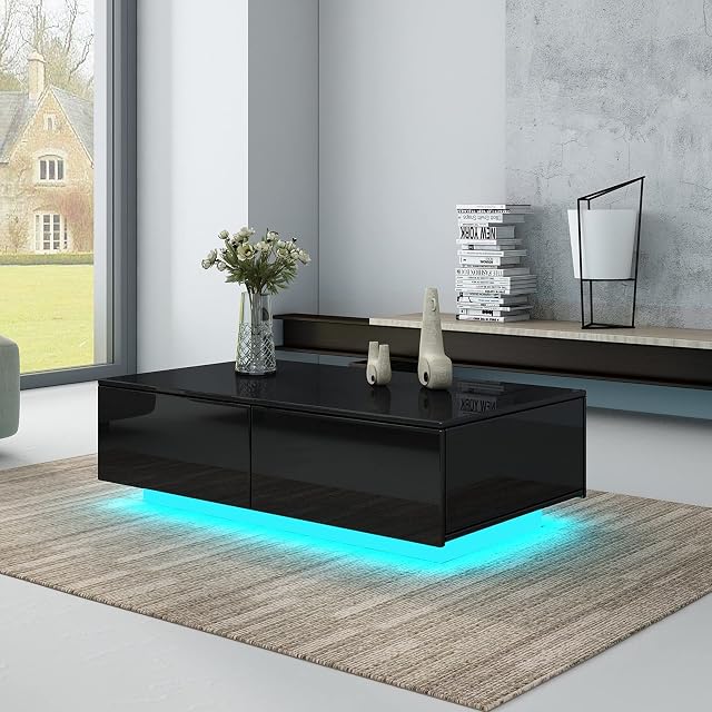 AWOOD LED Coffee Table for Living Room, Modern Side Table Wooden Centre Table, Black High Gloss Coffee Tea Tables with 4 Drawers Storage for Home Office Furniture